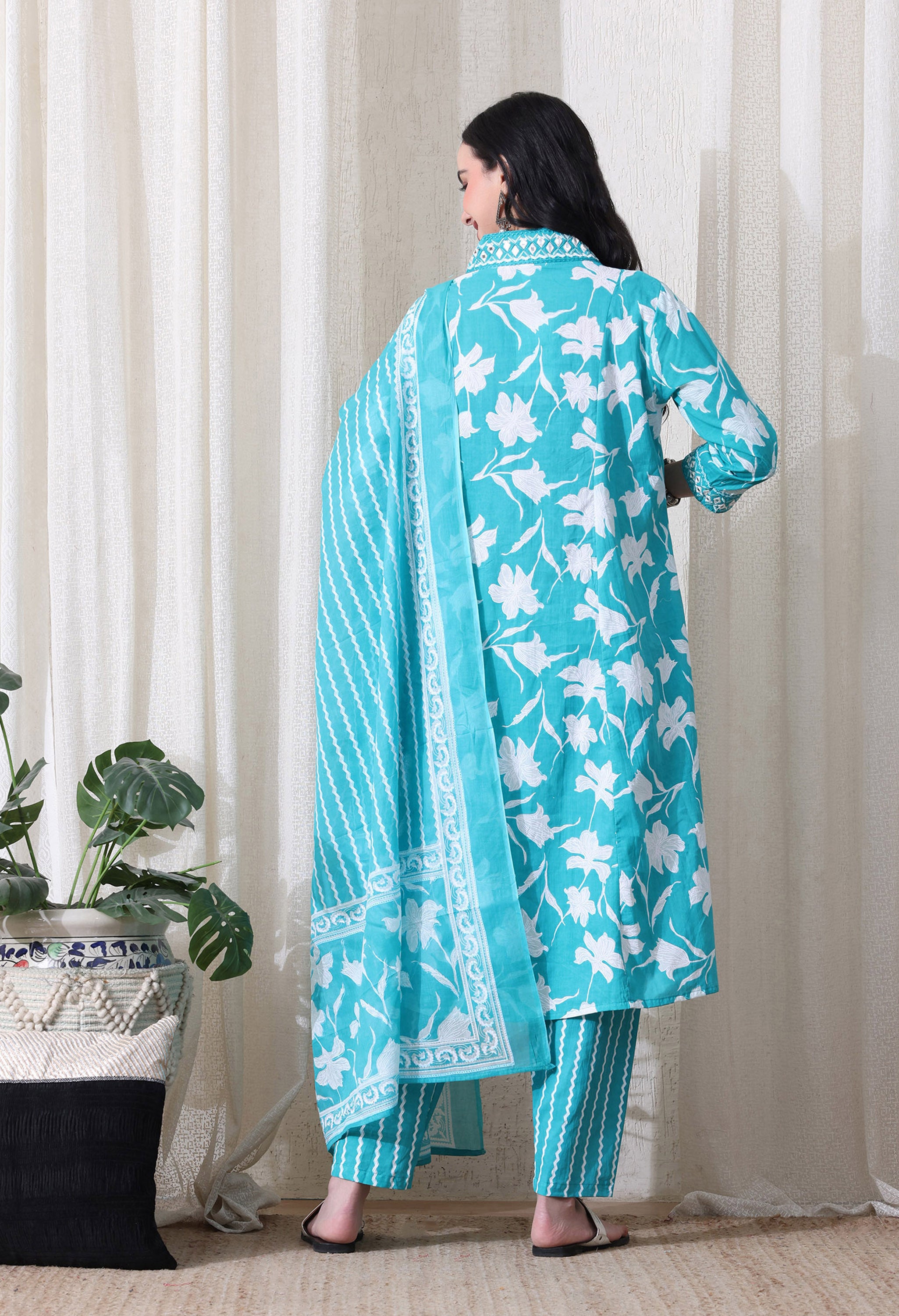 MEERA FAB Women's Pure Cotton V-Neck Anarkali Printed Kurta with Palazzo & Dupatta