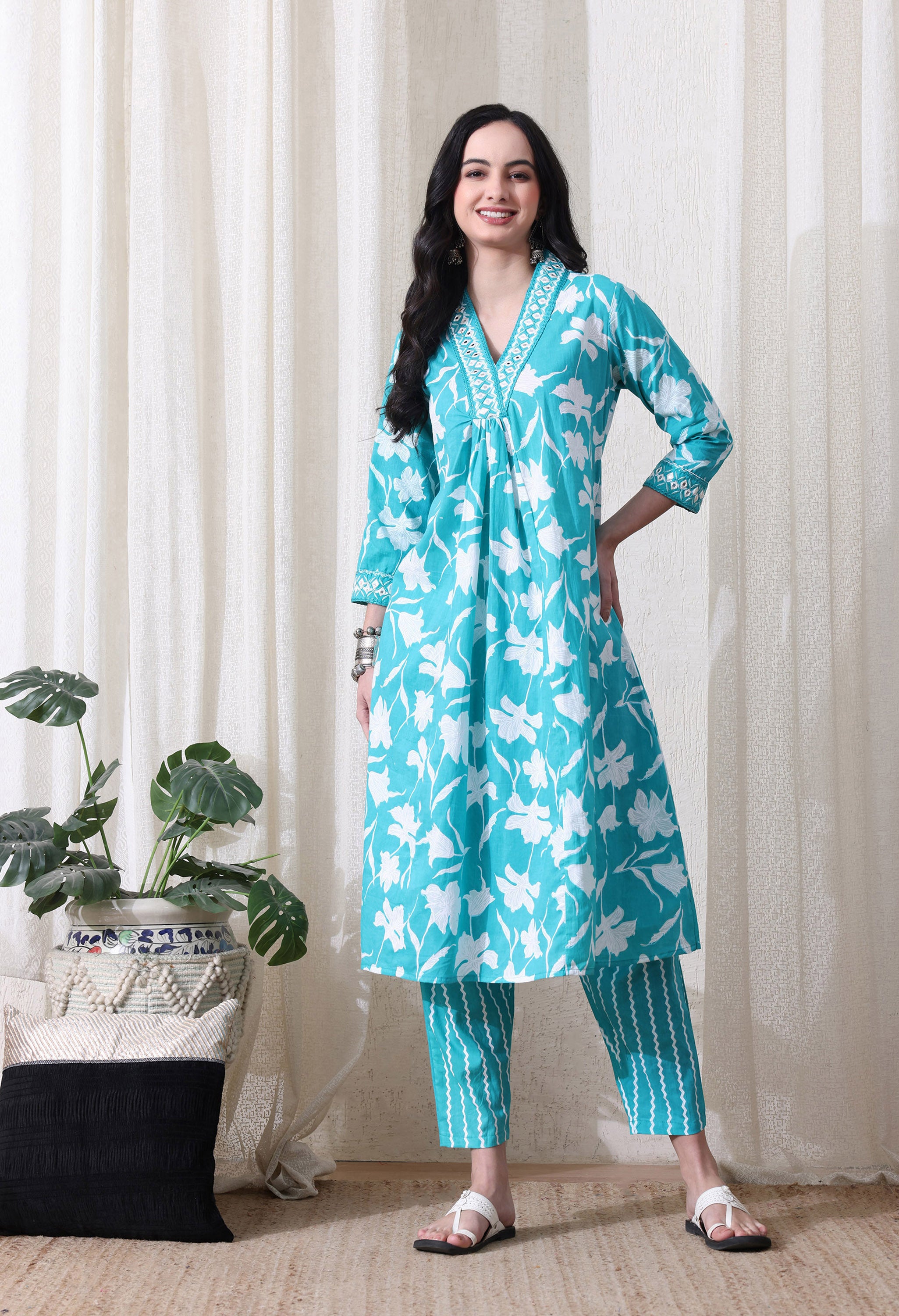 MEERA FAB Women's Pure Cotton V-Neck Anarkali Printed Kurta with Palazzo & Dupatta