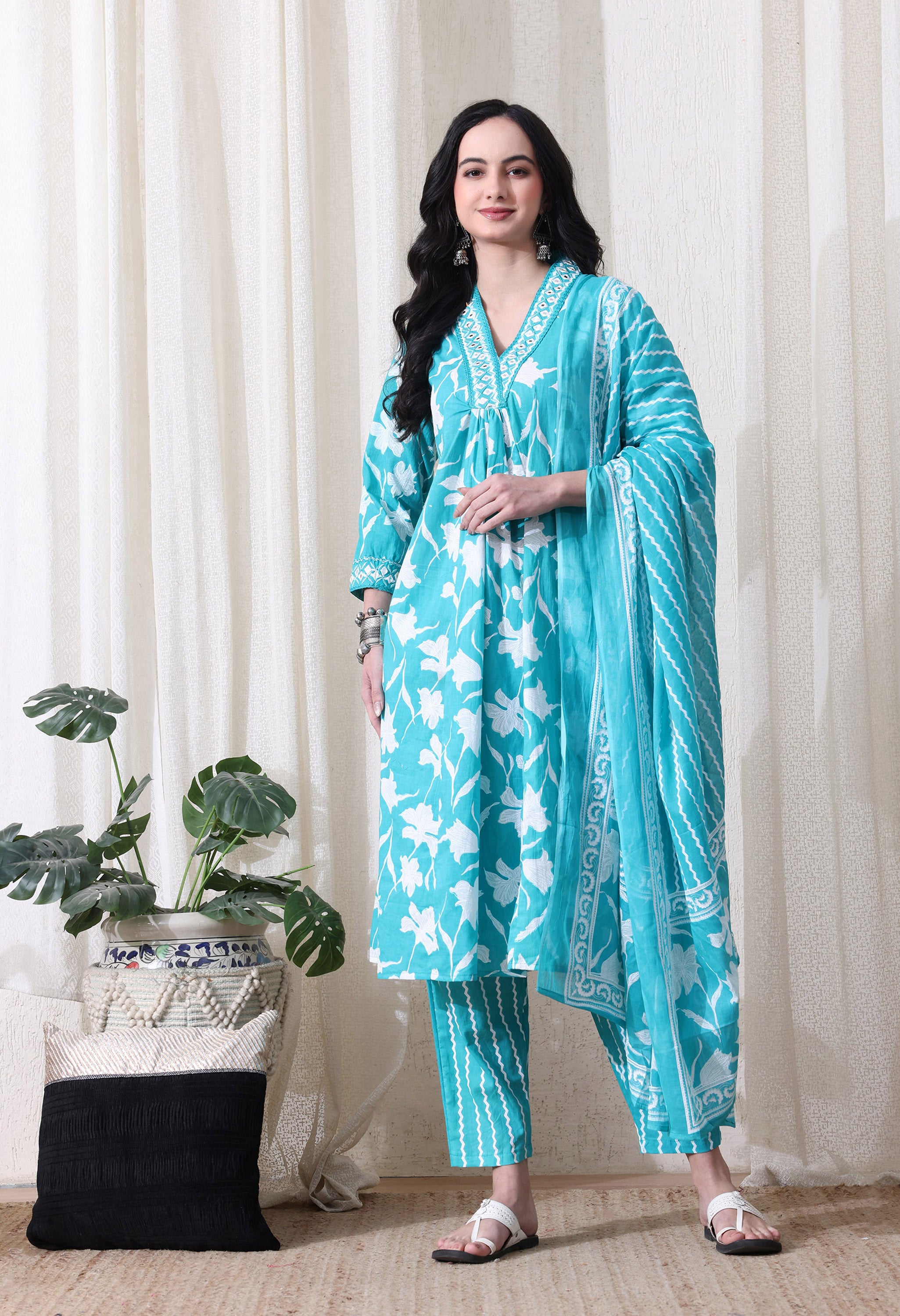 MEERA FAB Women's Pure Cotton V-Neck Anarkali Printed Kurta with Palazzo & Dupatta