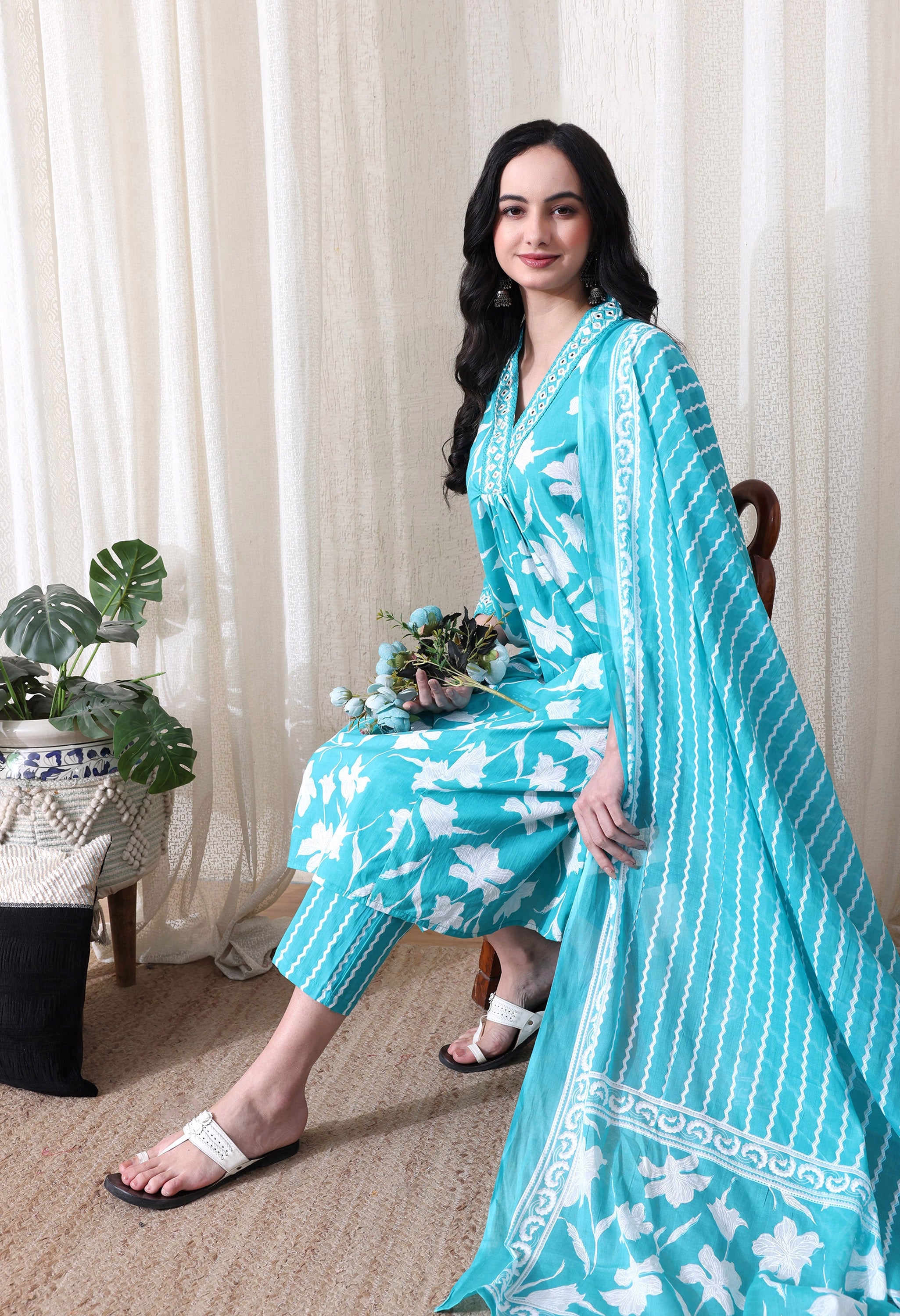 MEERA FAB Women's Pure Cotton V-Neck Anarkali Printed Kurta with Palazzo & Dupatta