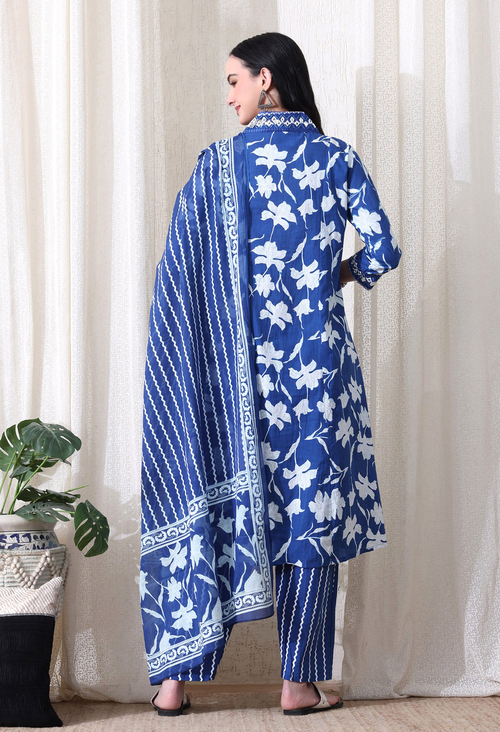 MEERA FAB Women's Pure Cotton V-Neck Anarkali Printed Kurta with Palazzo & Dupatta