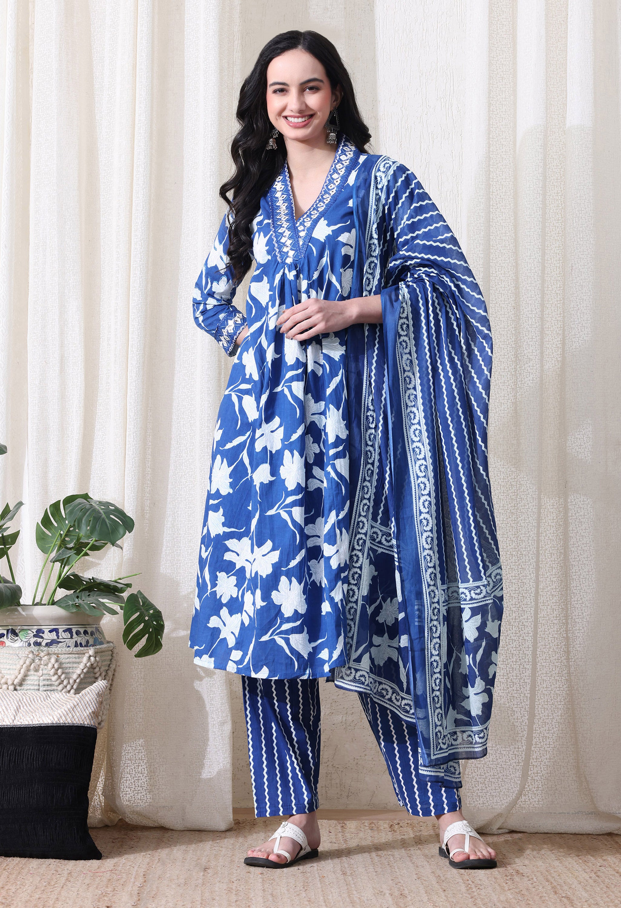 MEERA FAB Women's Pure Cotton V-Neck Anarkali Printed Kurta with Palazzo & Dupatta