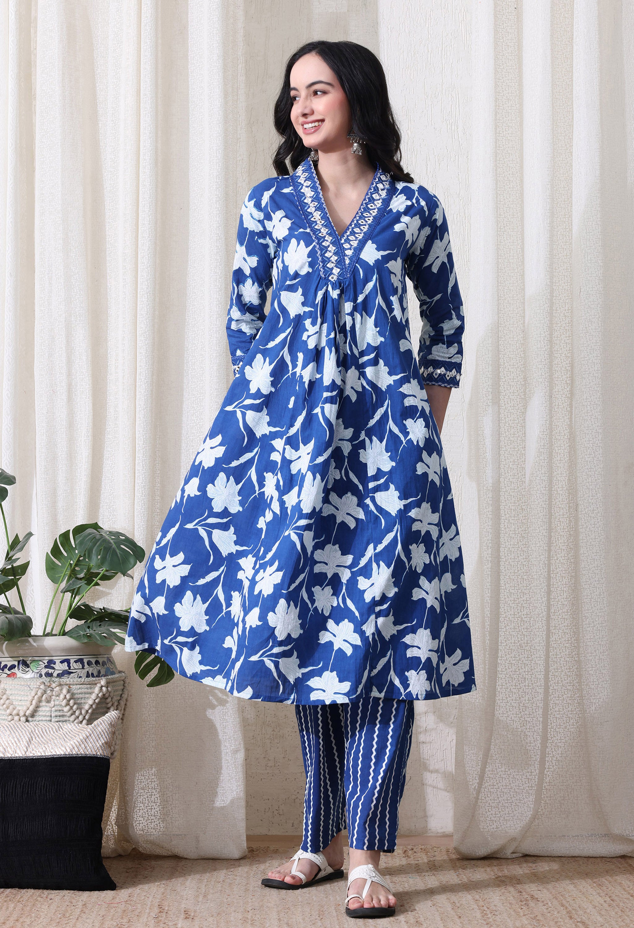 MEERA FAB Women's Pure Cotton V-Neck Anarkali Printed Kurta with Palazzo & Dupatta