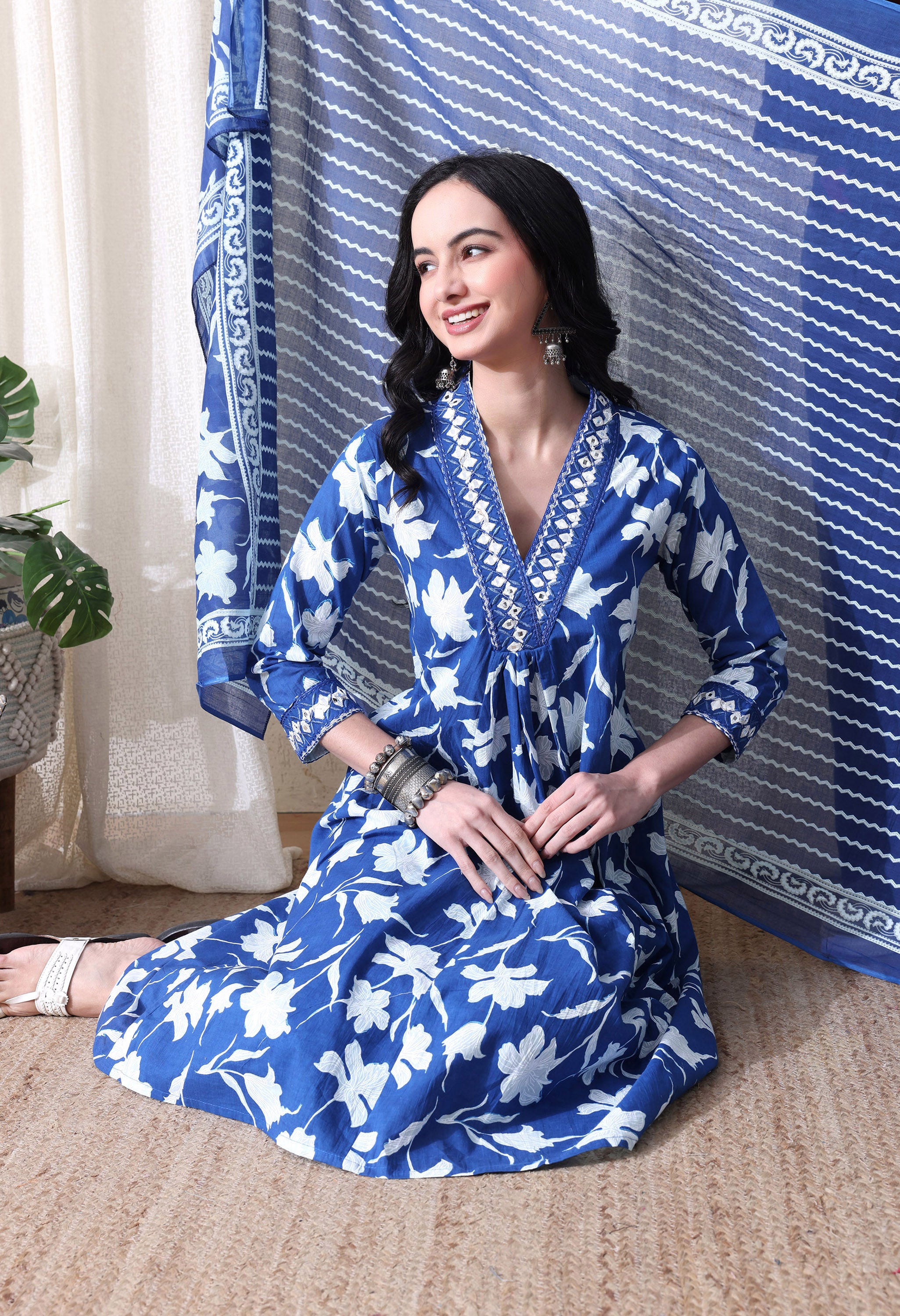 MEERA FAB Women's Pure Cotton V-Neck Anarkali Printed Kurta with Palazzo & Dupatta