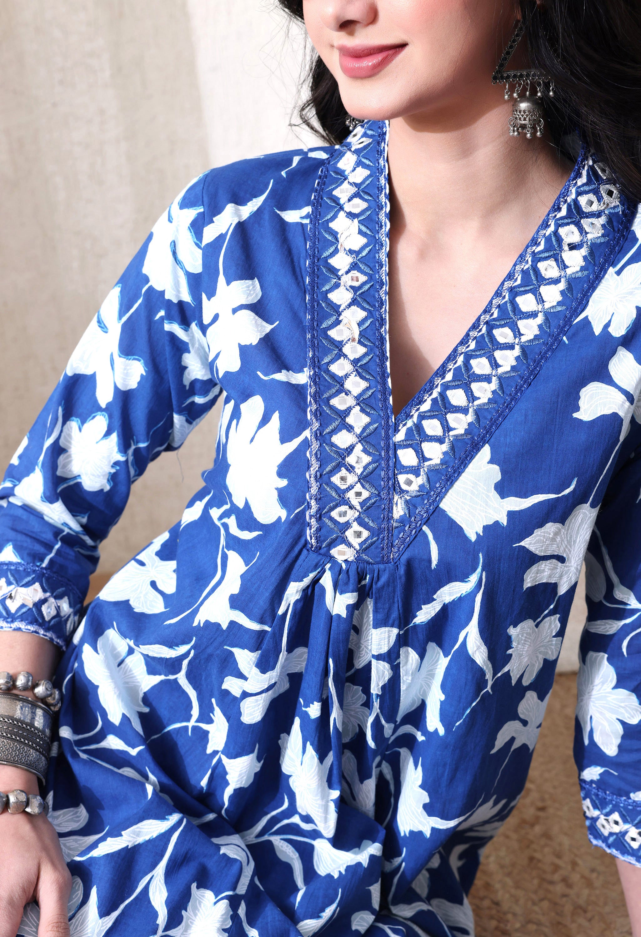 MEERA FAB Women's Pure Cotton V-Neck Anarkali Printed Kurta with Palazzo & Dupatta