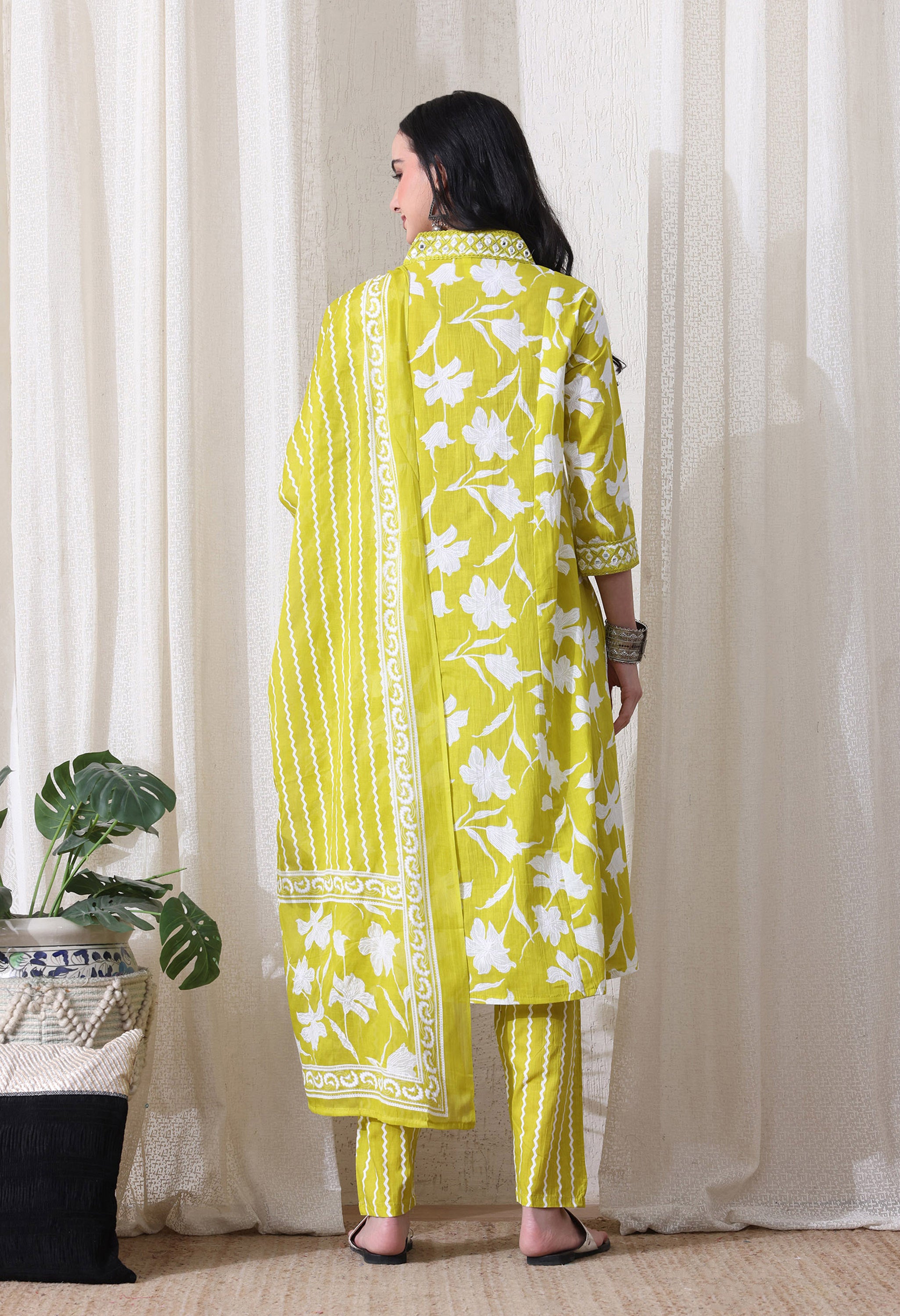 MEERA FAB Women's Pure Cotton V-Neck Anarkali Printed Kurta with Palazzo & Dupatta