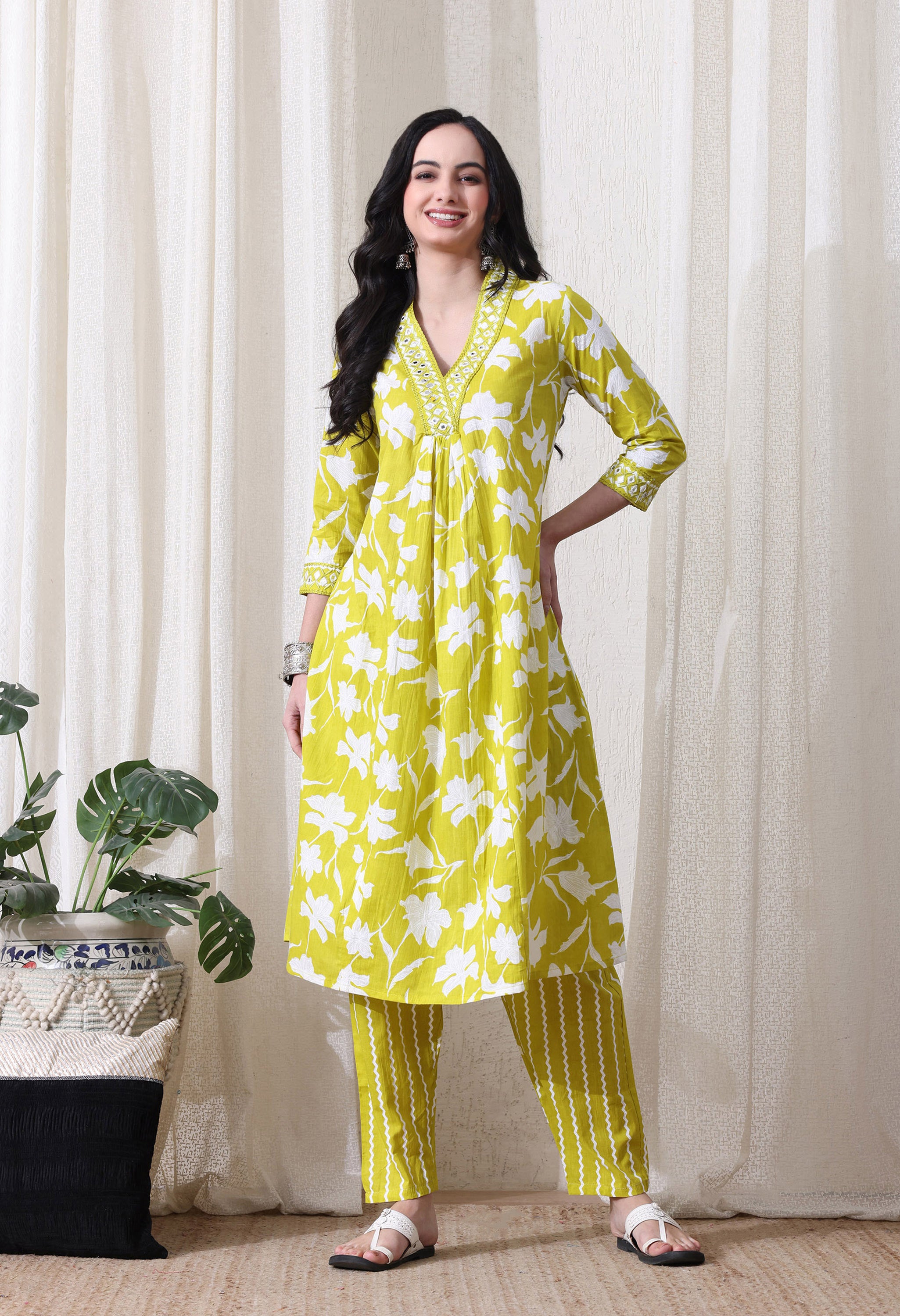 MEERA FAB Women's Pure Cotton V-Neck Anarkali Printed Kurta with Palazzo & Dupatta