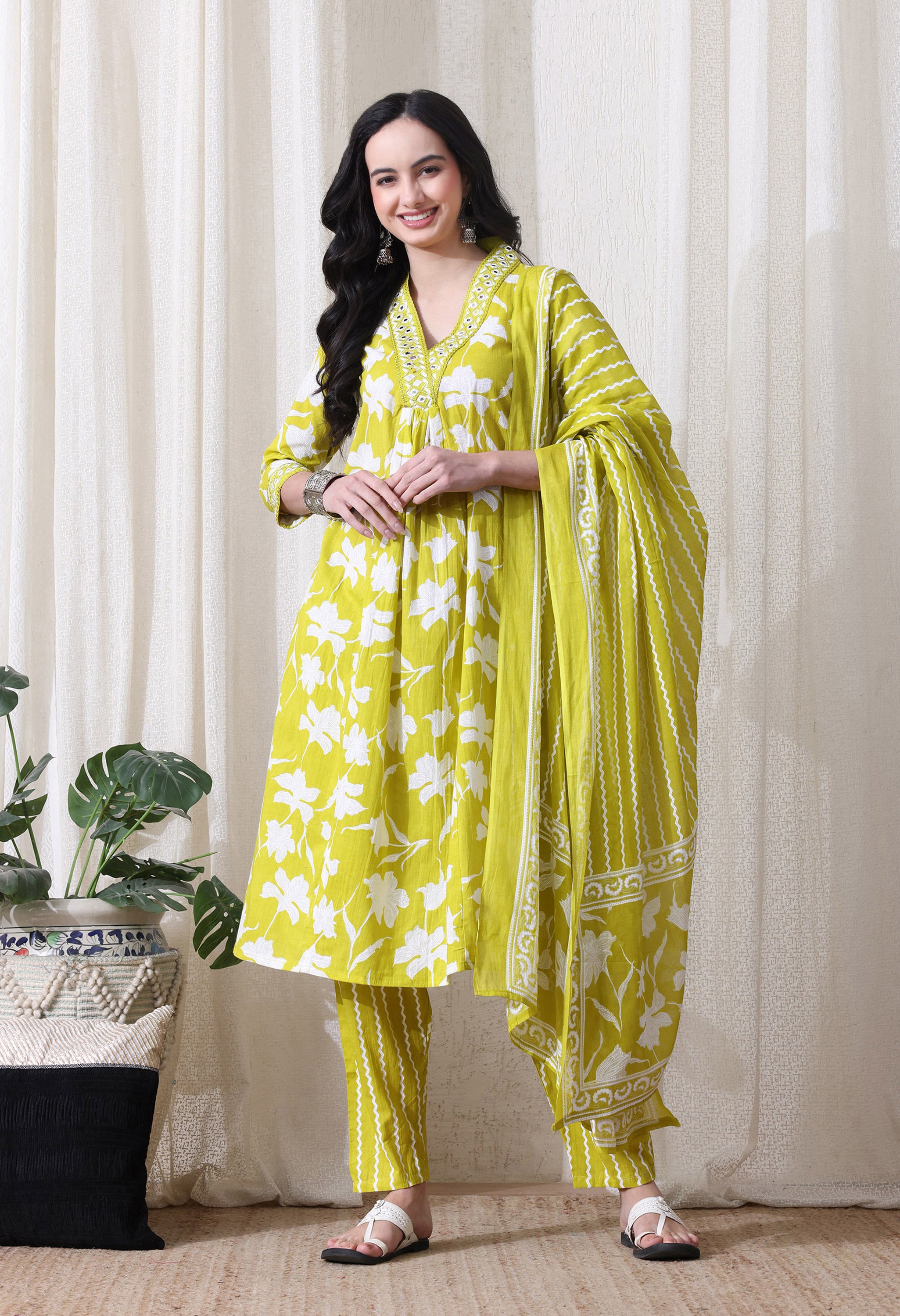 MEERA FAB Women's Pure Cotton V-Neck Anarkali Printed Kurta with Palazzo & Dupatta