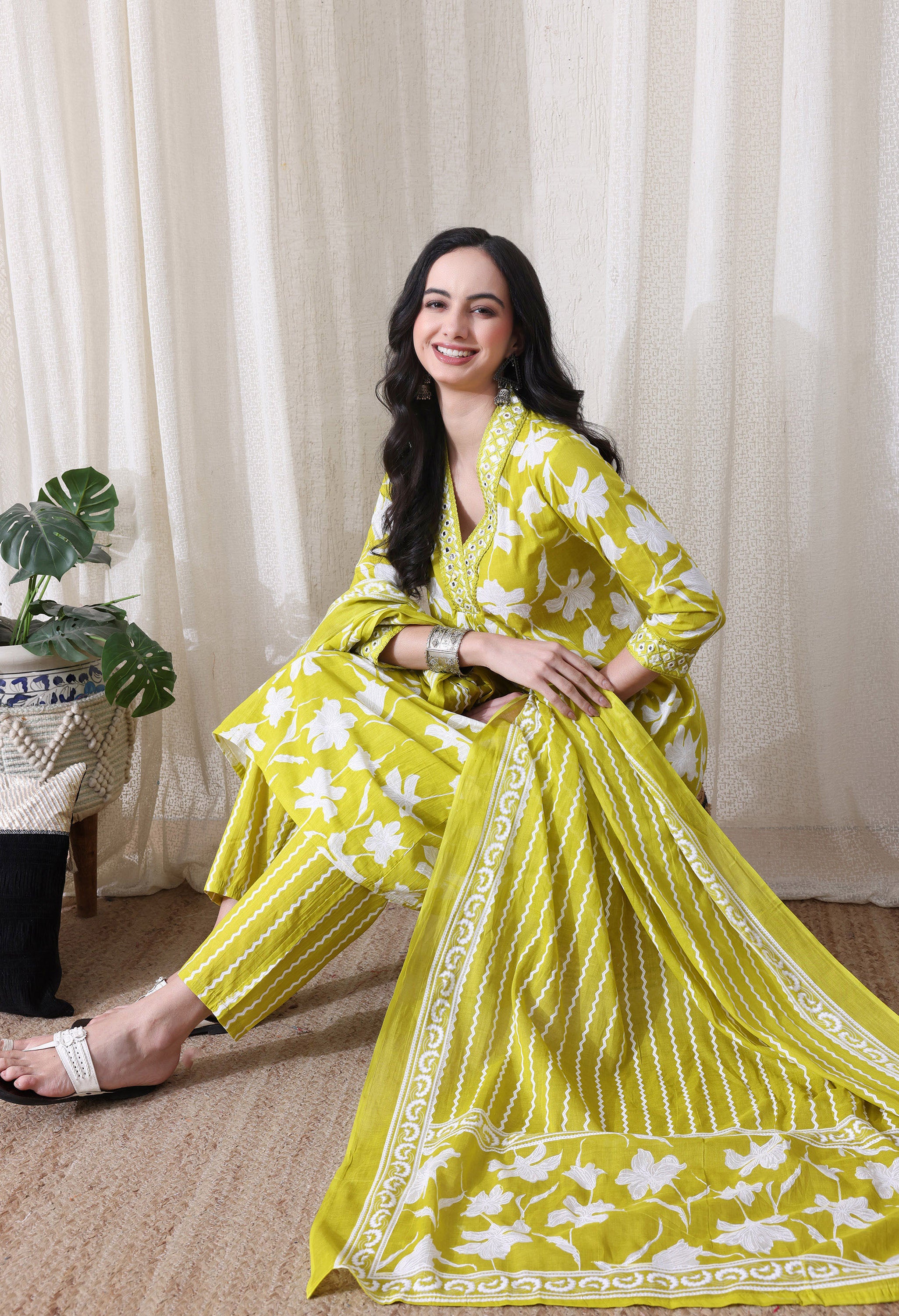 MEERA FAB Women's Pure Cotton V-Neck Anarkali Printed Kurta with Palazzo & Dupatta