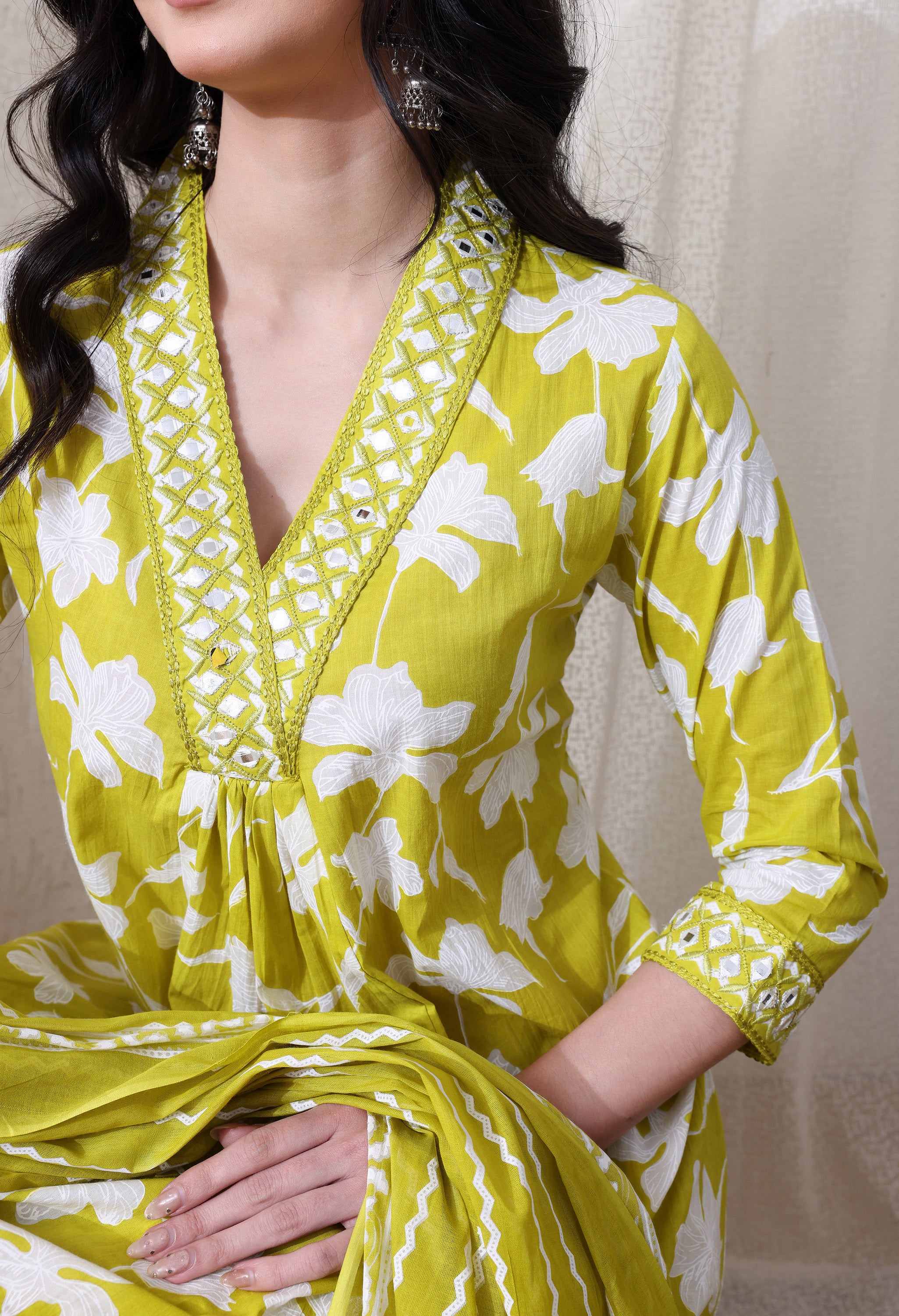 MEERA FAB Women's Pure Cotton V-Neck Anarkali Printed Kurta with Palazzo & Dupatta