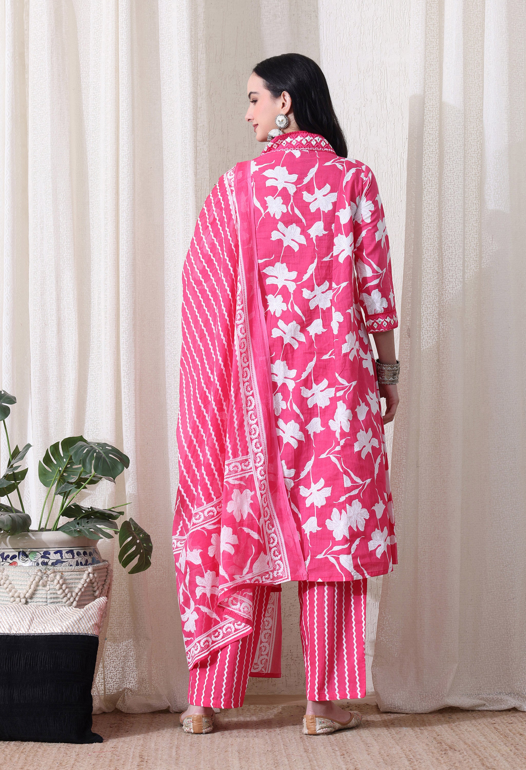 MEERA FAB Women's Pure Cotton V-Neck Anarkali Printed Kurta with Palazzo & Dupatta