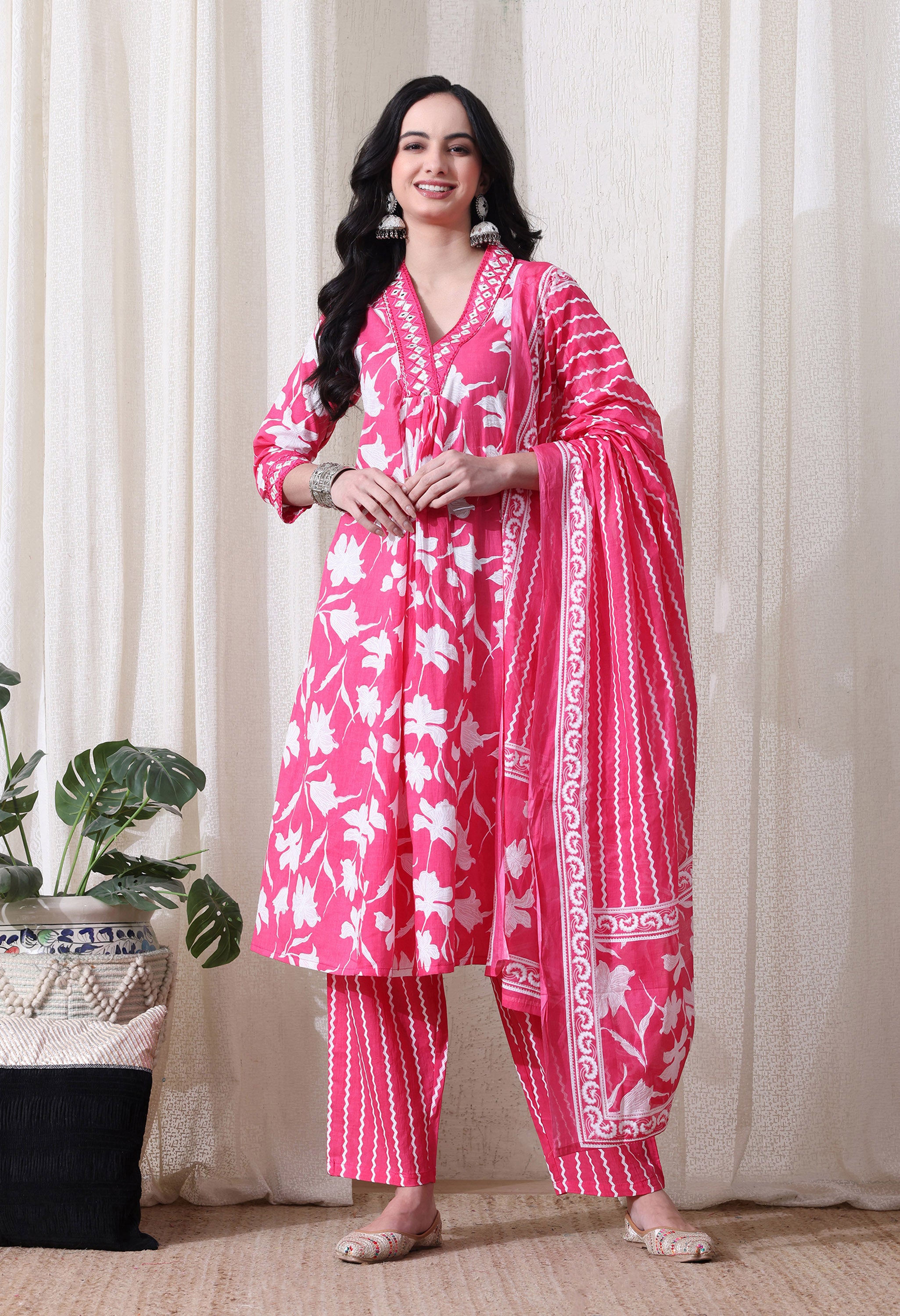 MEERA FAB Women's Pure Cotton V-Neck Anarkali Printed Kurta with Palazzo & Dupatta