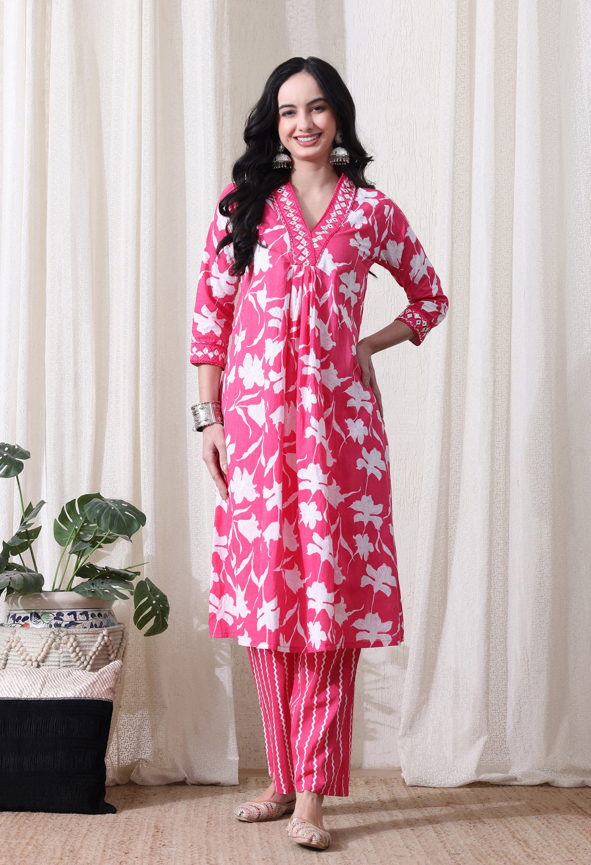 MEERA FAB Women's Pure Cotton V-Neck Anarkali Printed Kurta with Palazzo & Dupatta