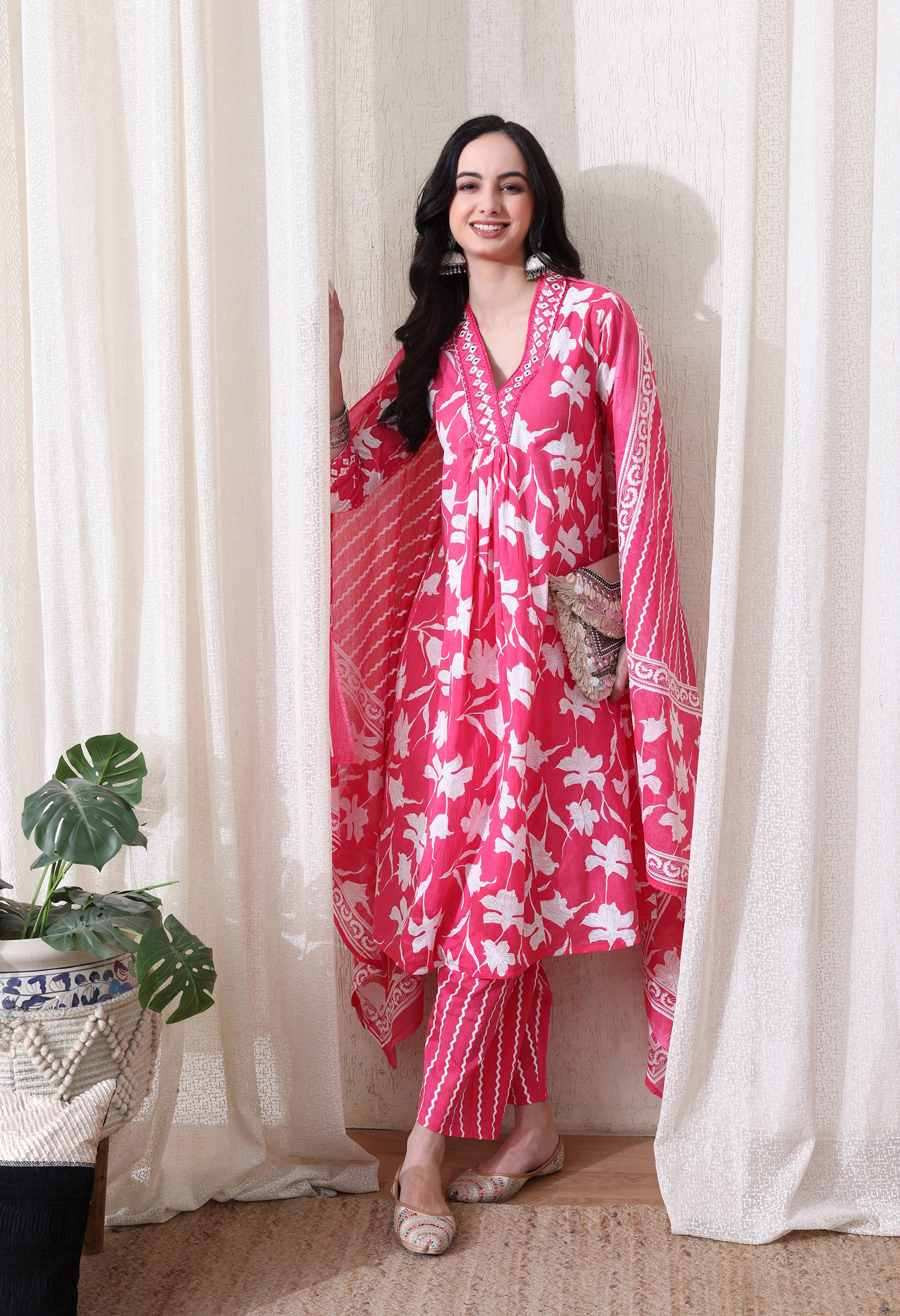 MEERA FAB Women's Pure Cotton V-Neck Anarkali Printed Kurta with Palazzo & Dupatta