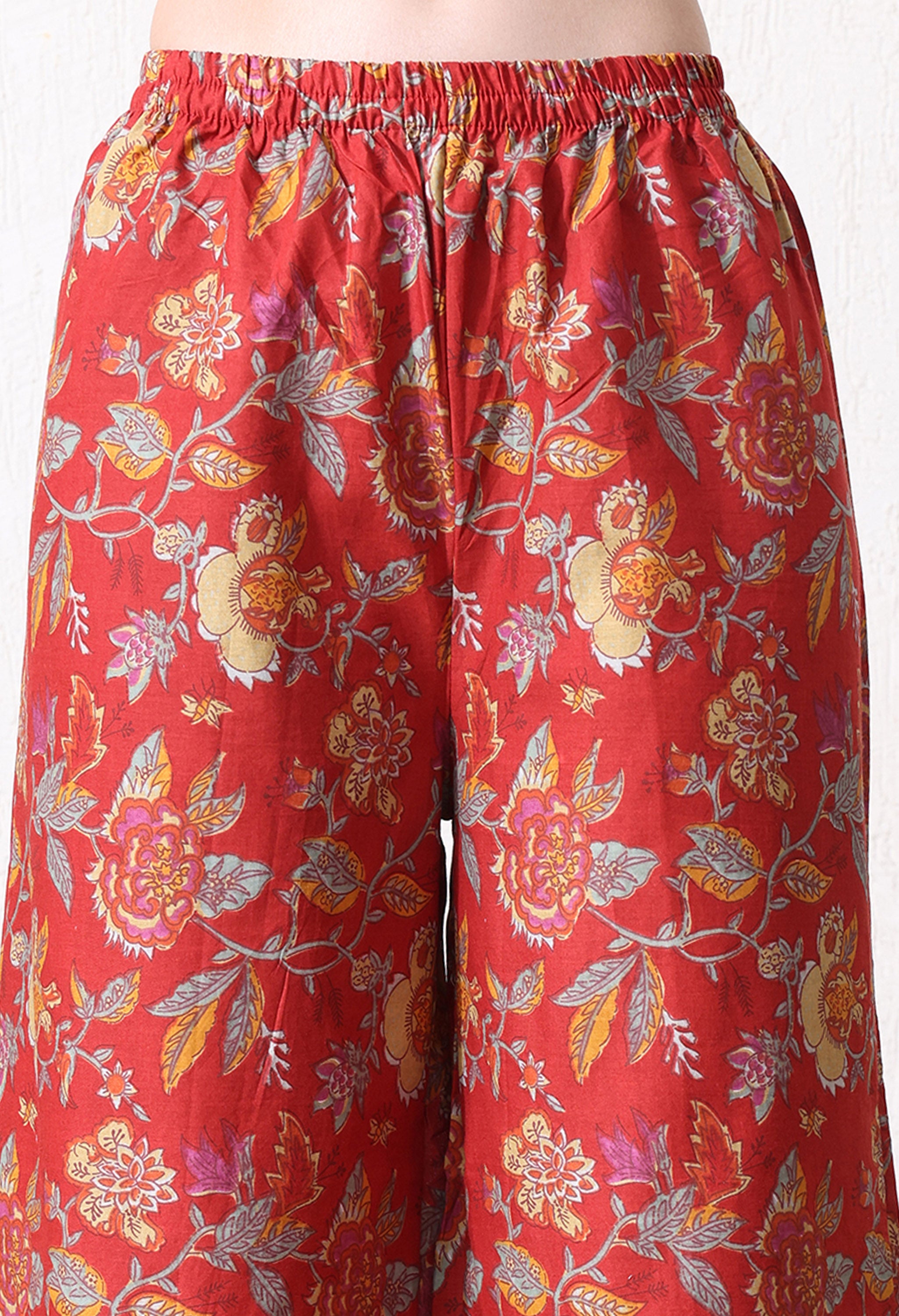 MEERA FAB Women's Cotton Blend V-Neck Anarkali Printed Kurta with Palazzo & Dupatta