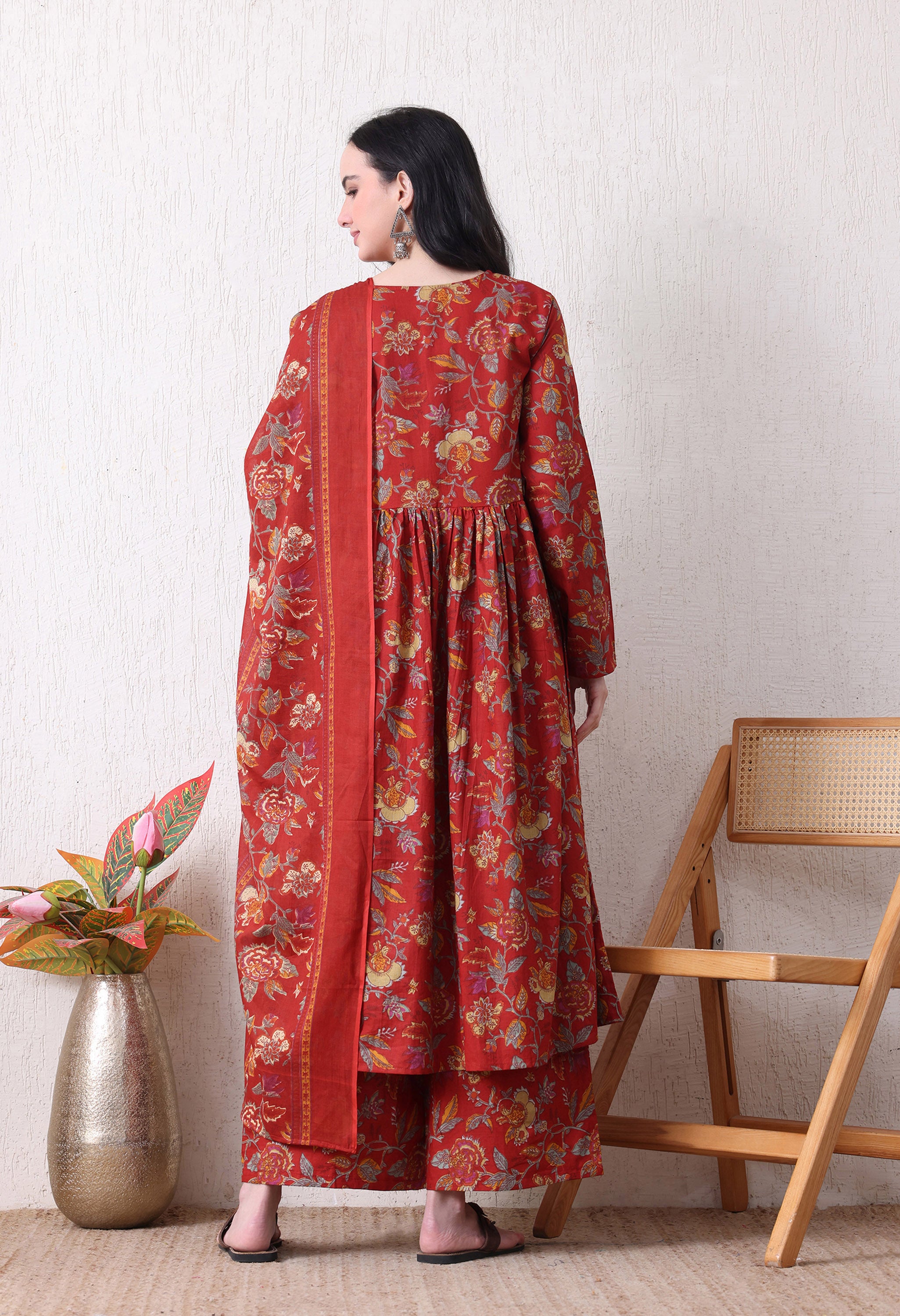 MEERA FAB Women's Cotton Blend V-Neck Anarkali Printed Kurta with Palazzo & Dupatta