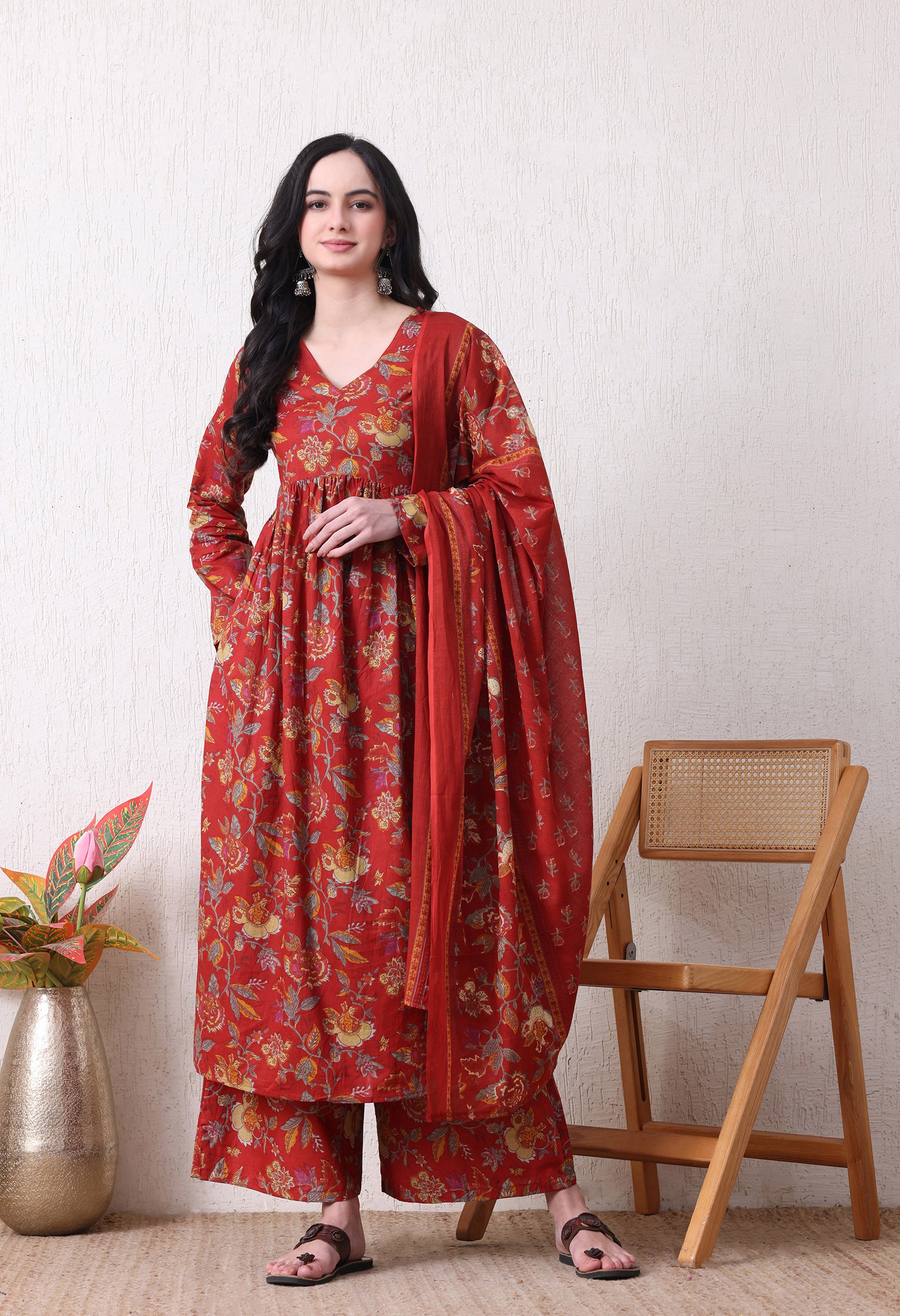 MEERA FAB Women's Cotton Blend V-Neck Anarkali Printed Kurta with Palazzo & Dupatta