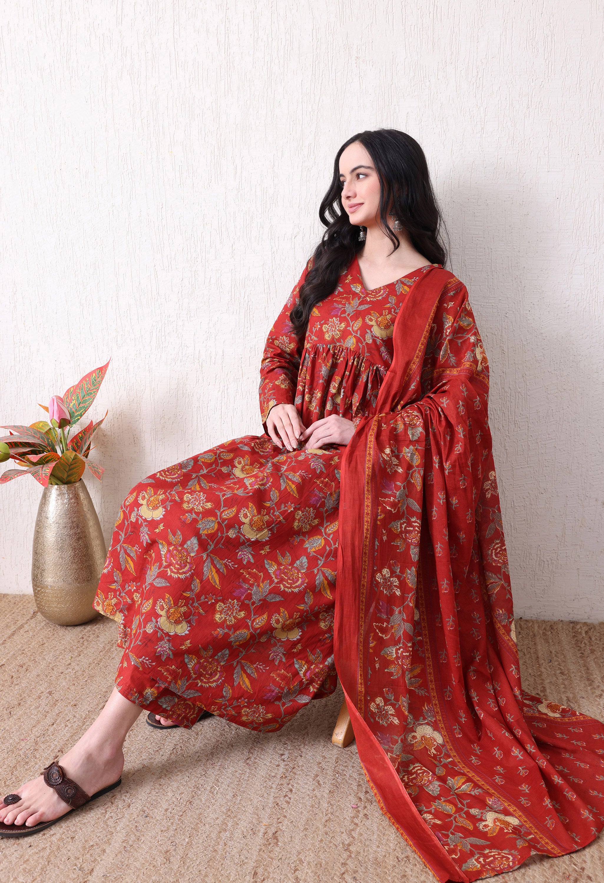 MEERA FAB Women's Cotton Blend V-Neck Anarkali Printed Kurta with Palazzo & Dupatta