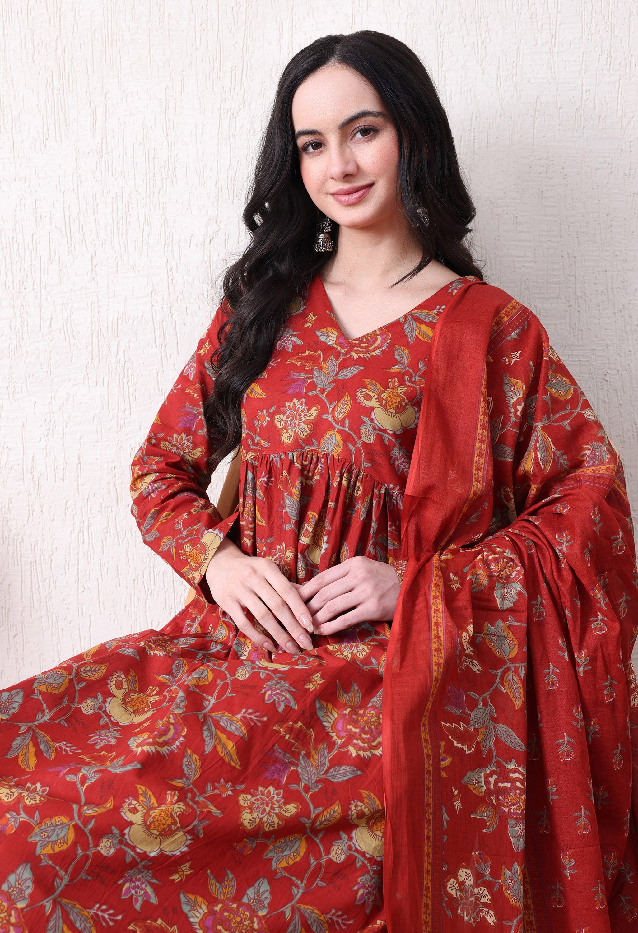 MEERA FAB Women's Cotton Blend V-Neck Anarkali Printed Kurta with Palazzo & Dupatta