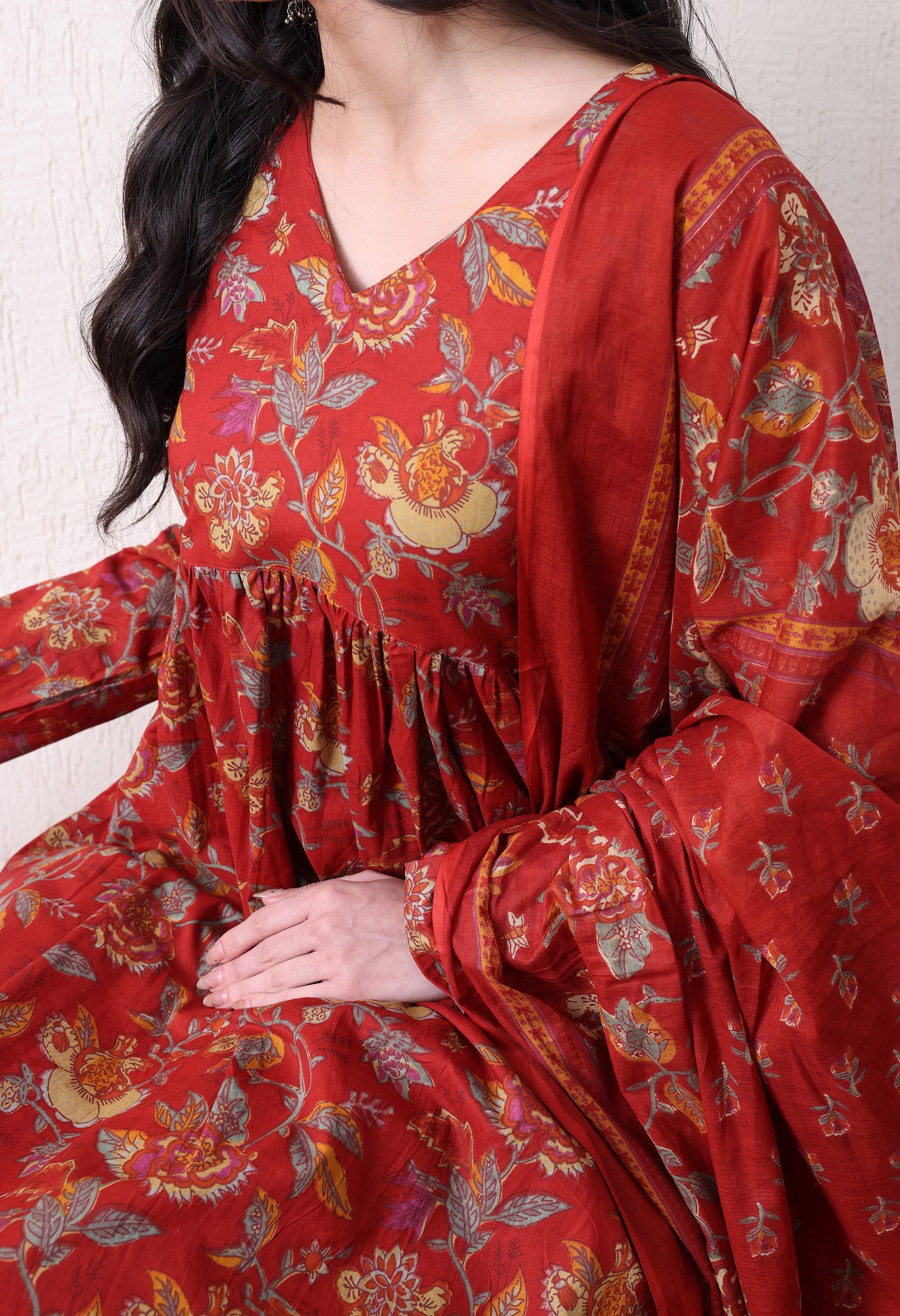 MEERA FAB Women's Cotton Blend V-Neck Anarkali Printed Kurta with Palazzo & Dupatta