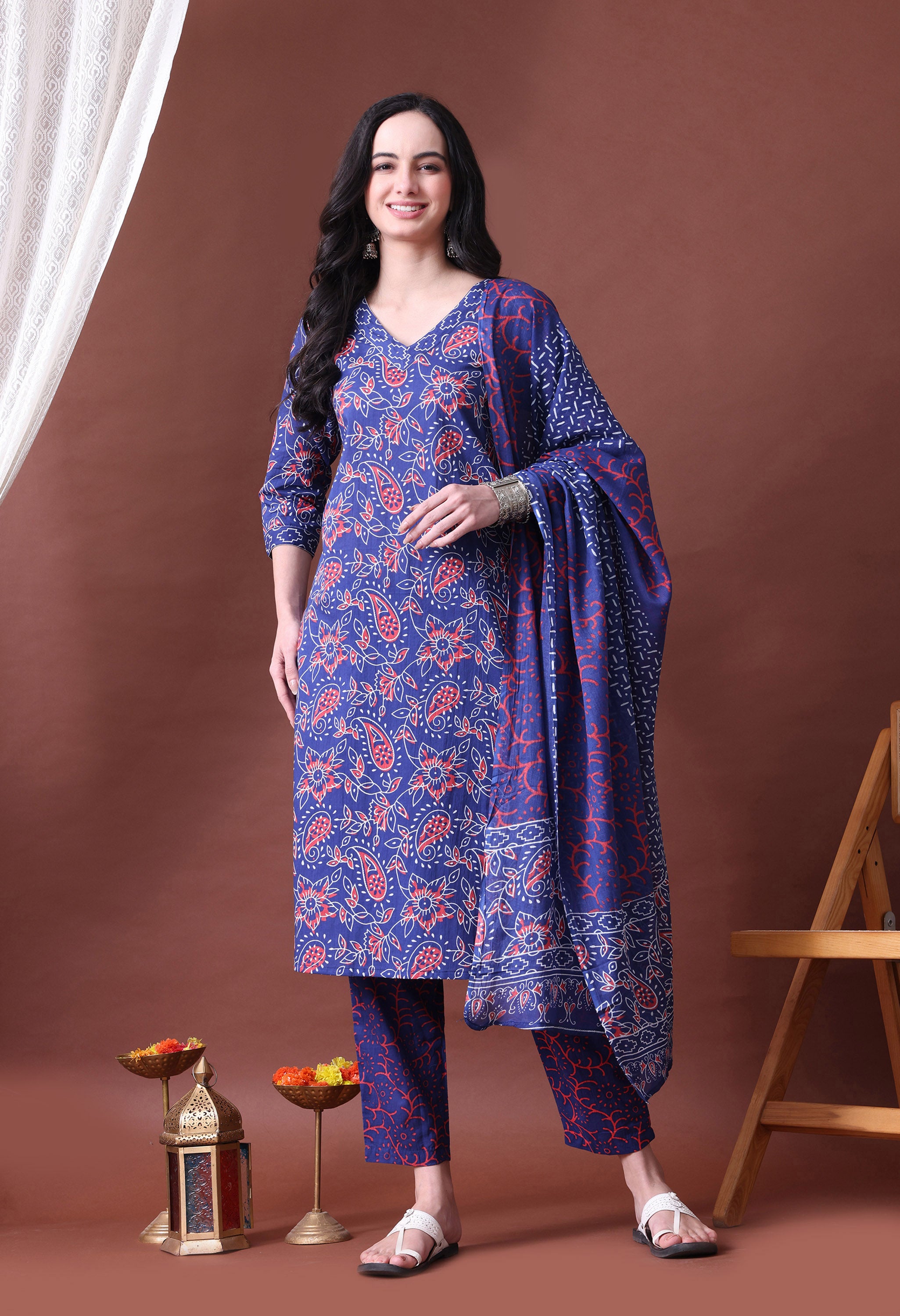MEERA FAB Women's Pure Cotton Floral Printed Kurta with Palazzo & Dupatta