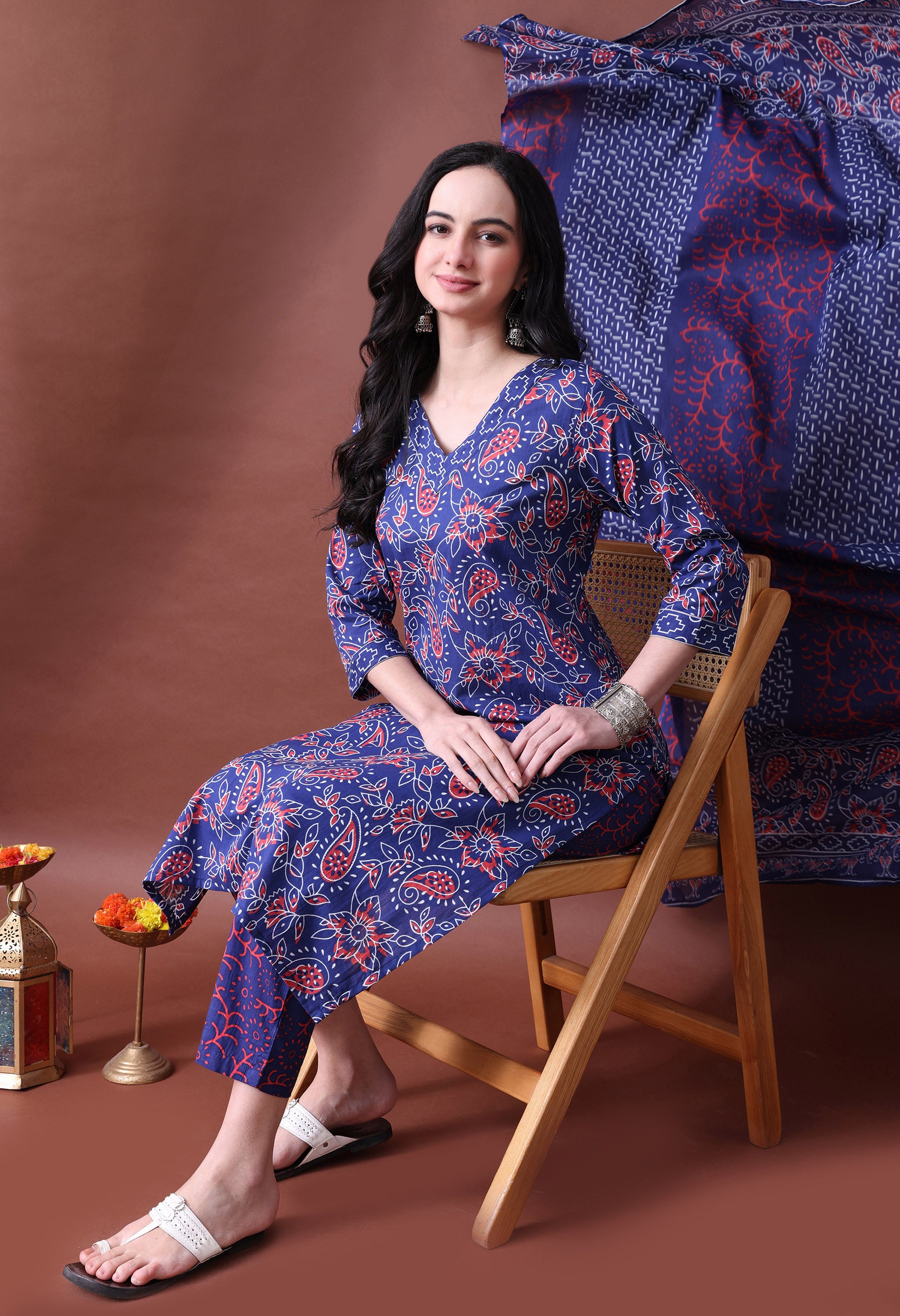 MEERA FAB Women's Pure Cotton Floral Printed Kurta with Palazzo & Dupatta