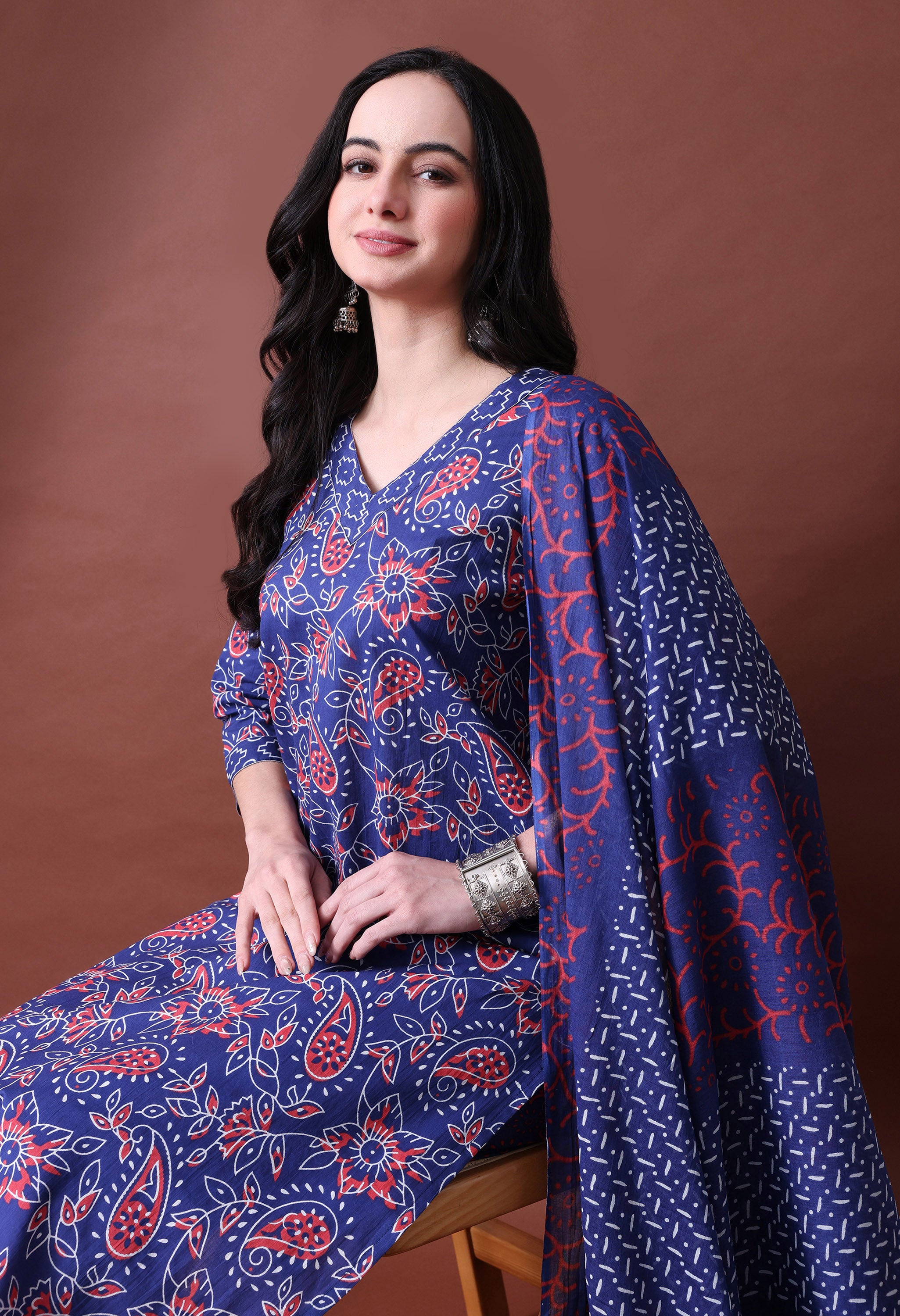 MEERA FAB Women's Pure Cotton Floral Printed Kurta with Palazzo & Dupatta