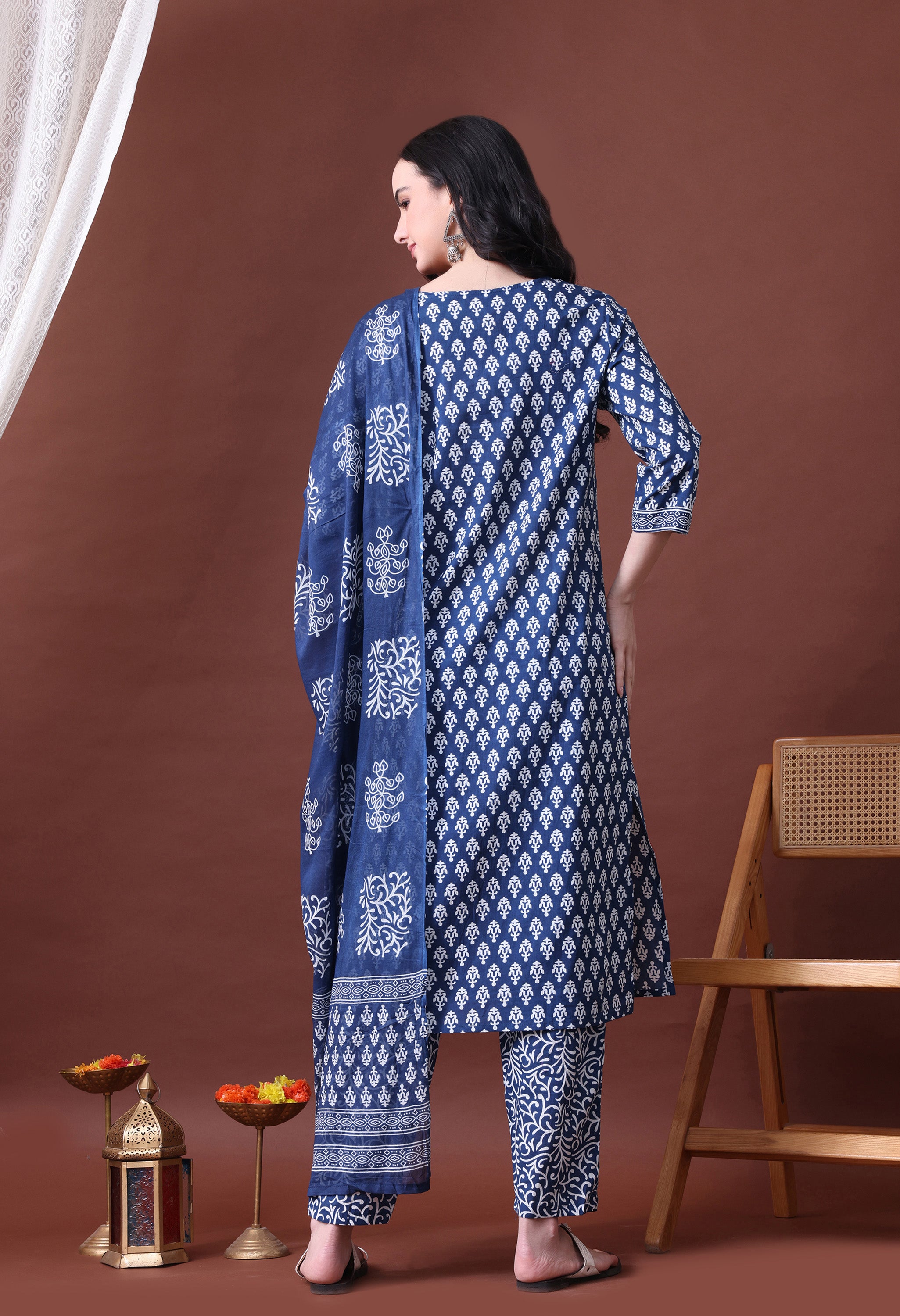 MEERA FAB Women's Cotton Printed Straight Kurta with Palazzo & Dupatta Set