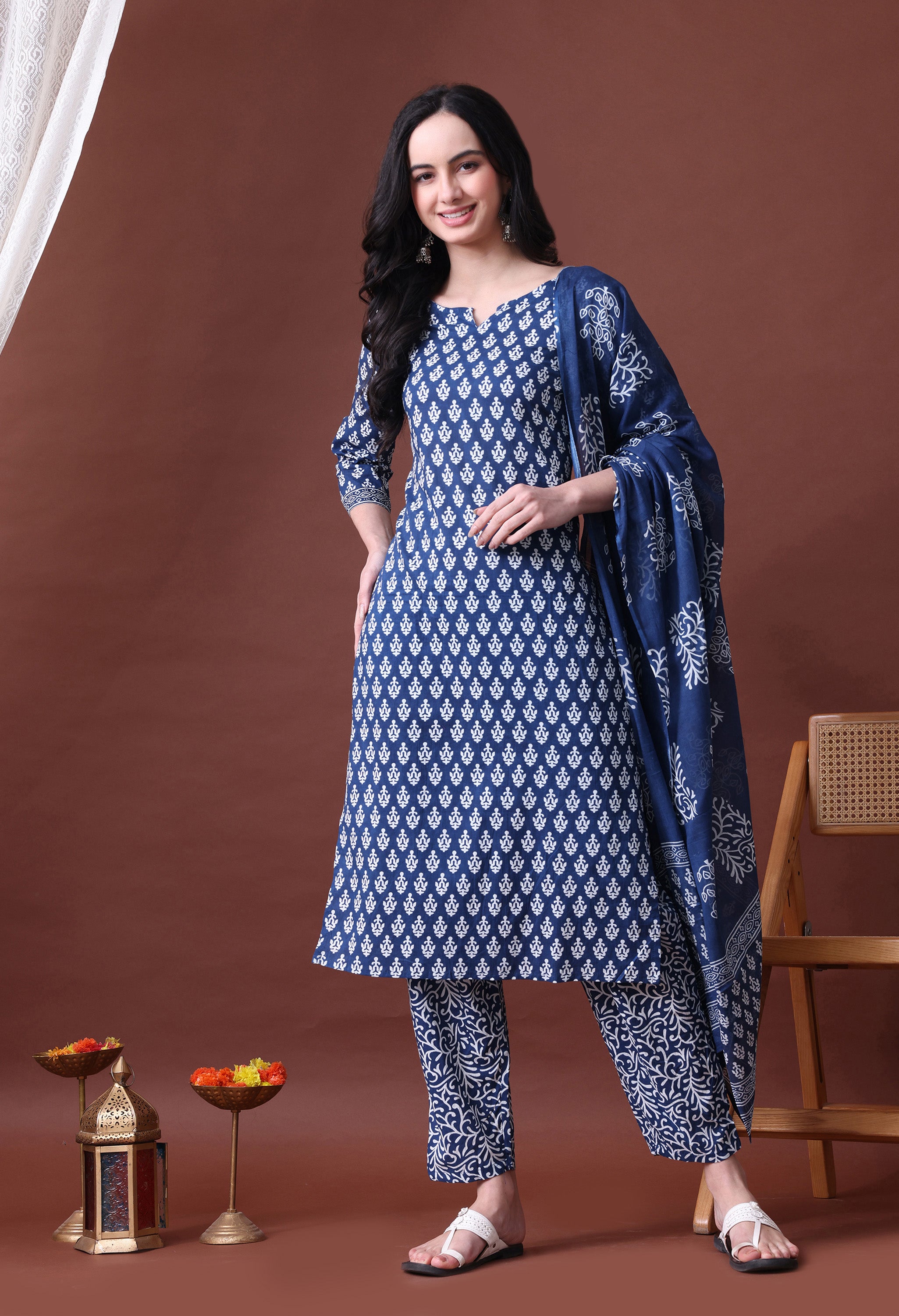 MEERA FAB Women's Cotton Printed Straight Kurta with Palazzo & Dupatta Set