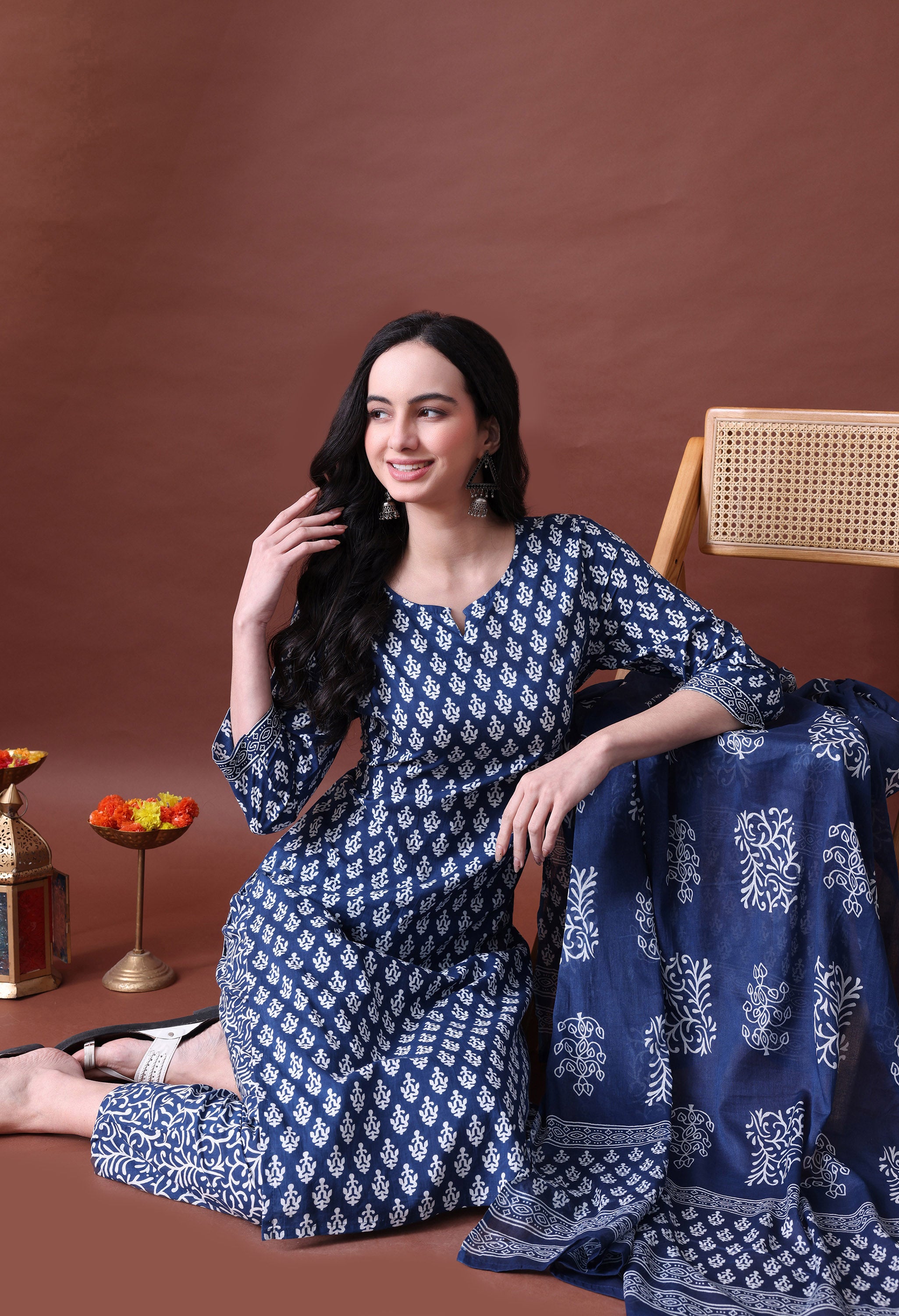 MEERA FAB Women's Cotton Printed Straight Kurta with Palazzo & Dupatta Set