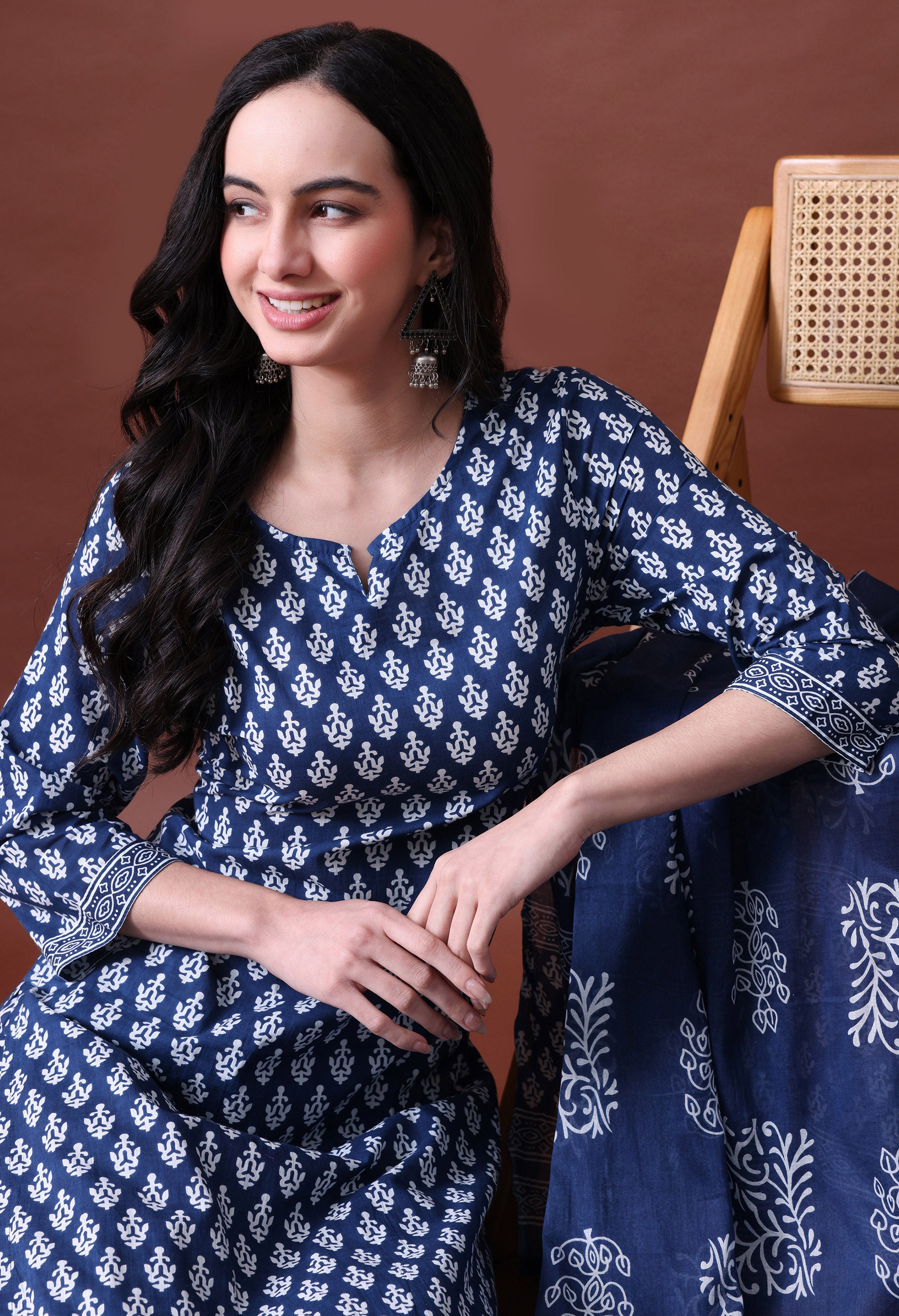 MEERA FAB Women's Cotton Printed Straight Kurta with Palazzo & Dupatta Set