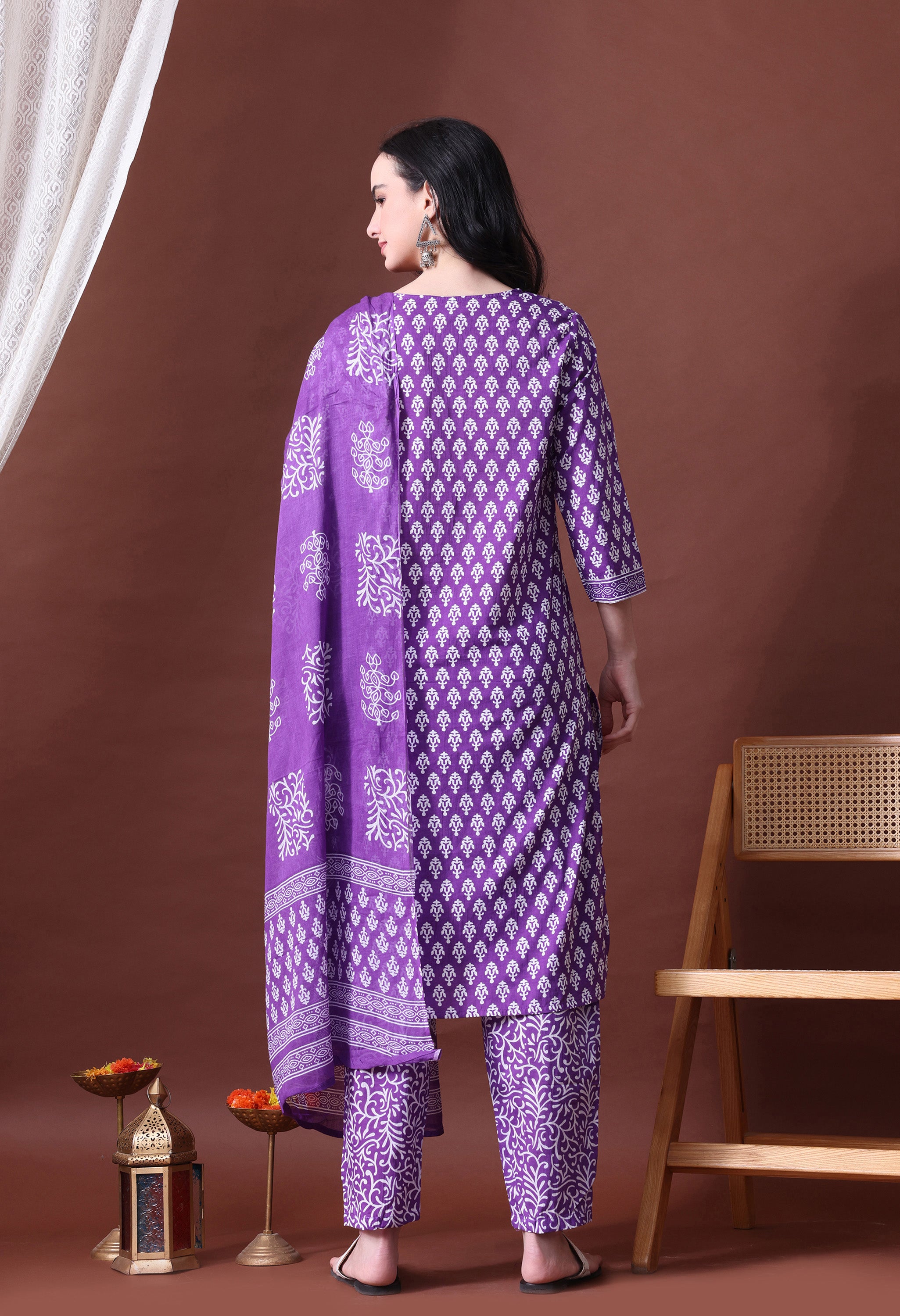 MEERA FAB Women's Cotton Printed Straight Kurta with Palazzo & Dupatta Set