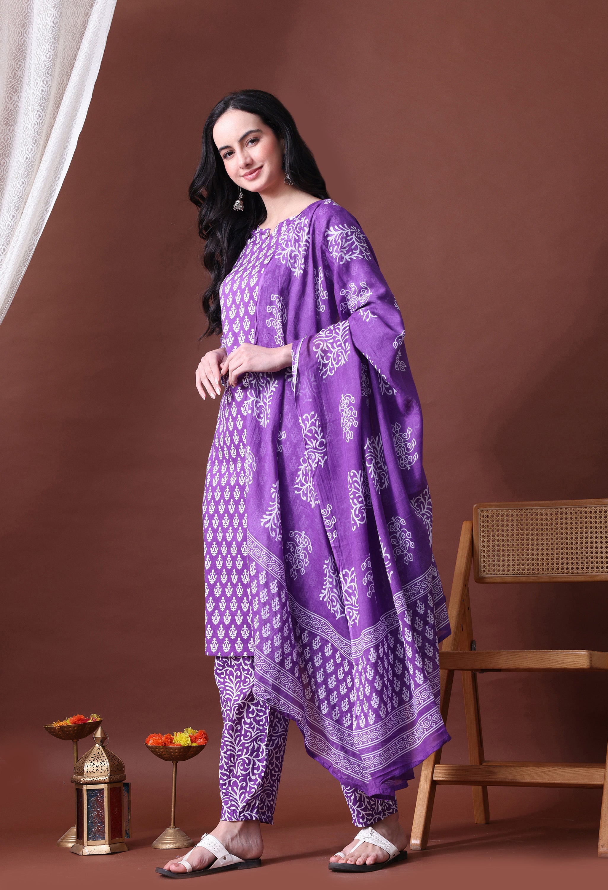 MEERA FAB Women's Cotton Printed Straight Kurta with Palazzo & Dupatta Set