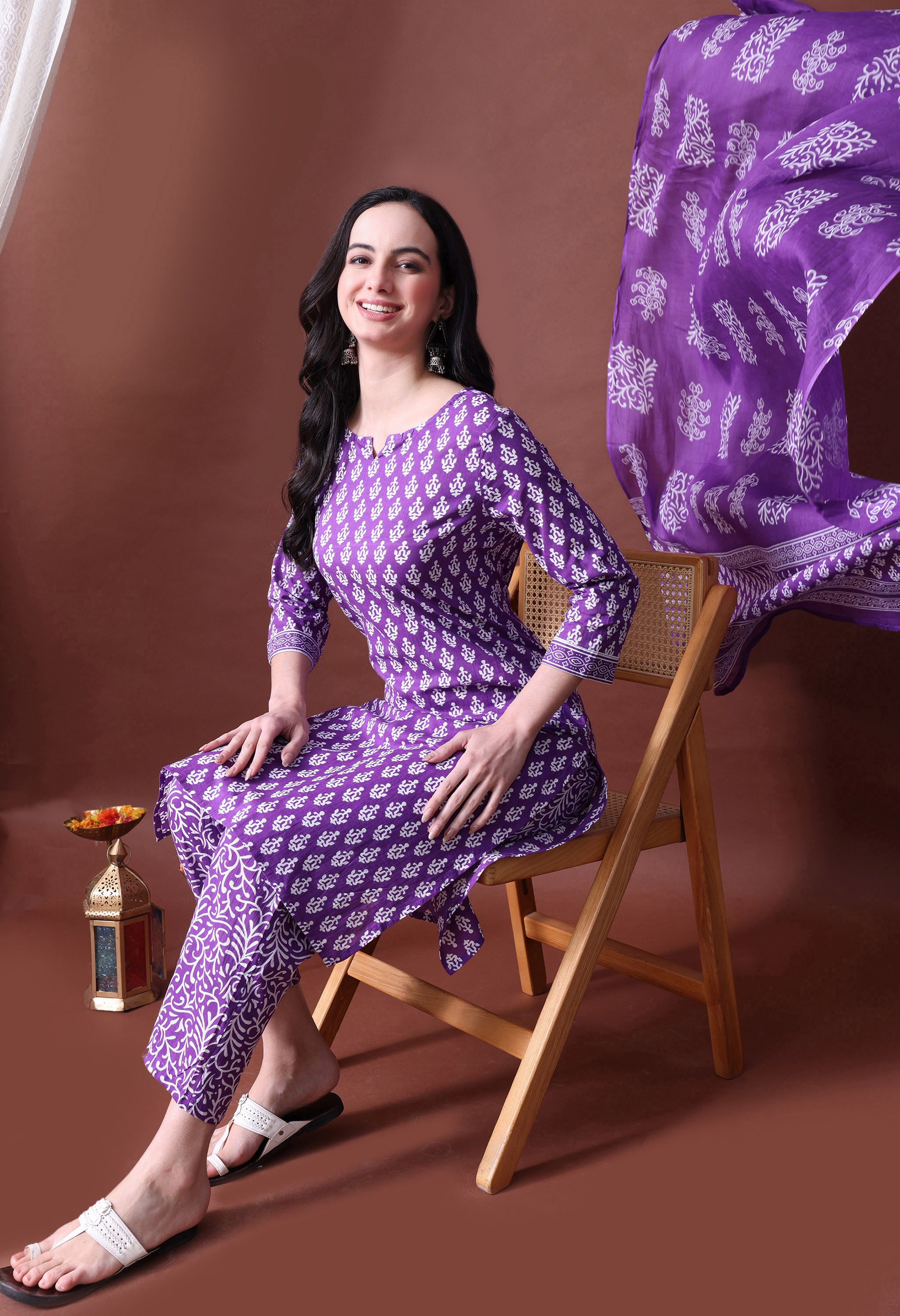 MEERA FAB Women's Cotton Printed Straight Kurta with Palazzo & Dupatta Set
