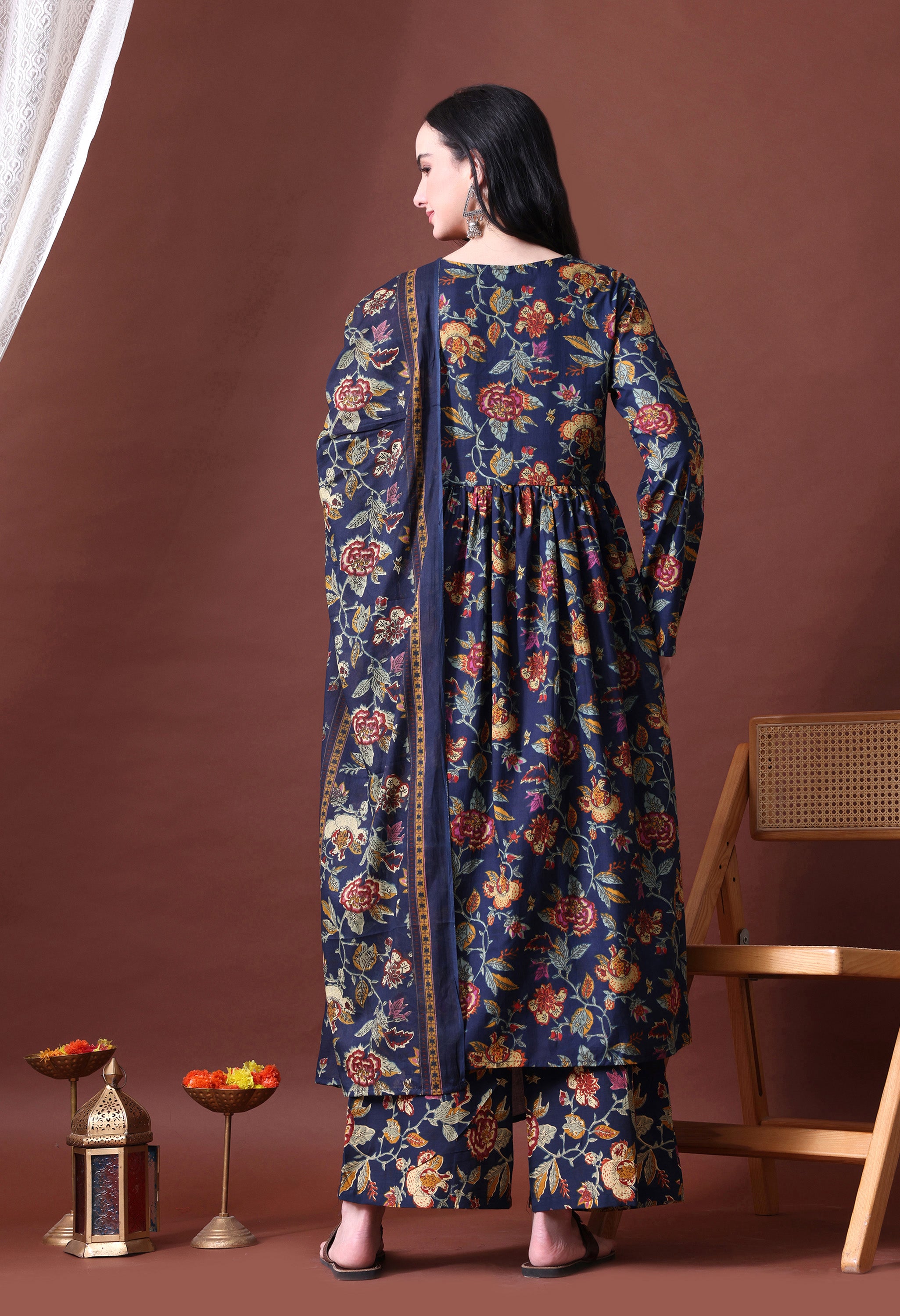 MEERA FAB Women's Cotton Blend V-Neck Anarkali Printed Kurta with Palazzo & Dupatta