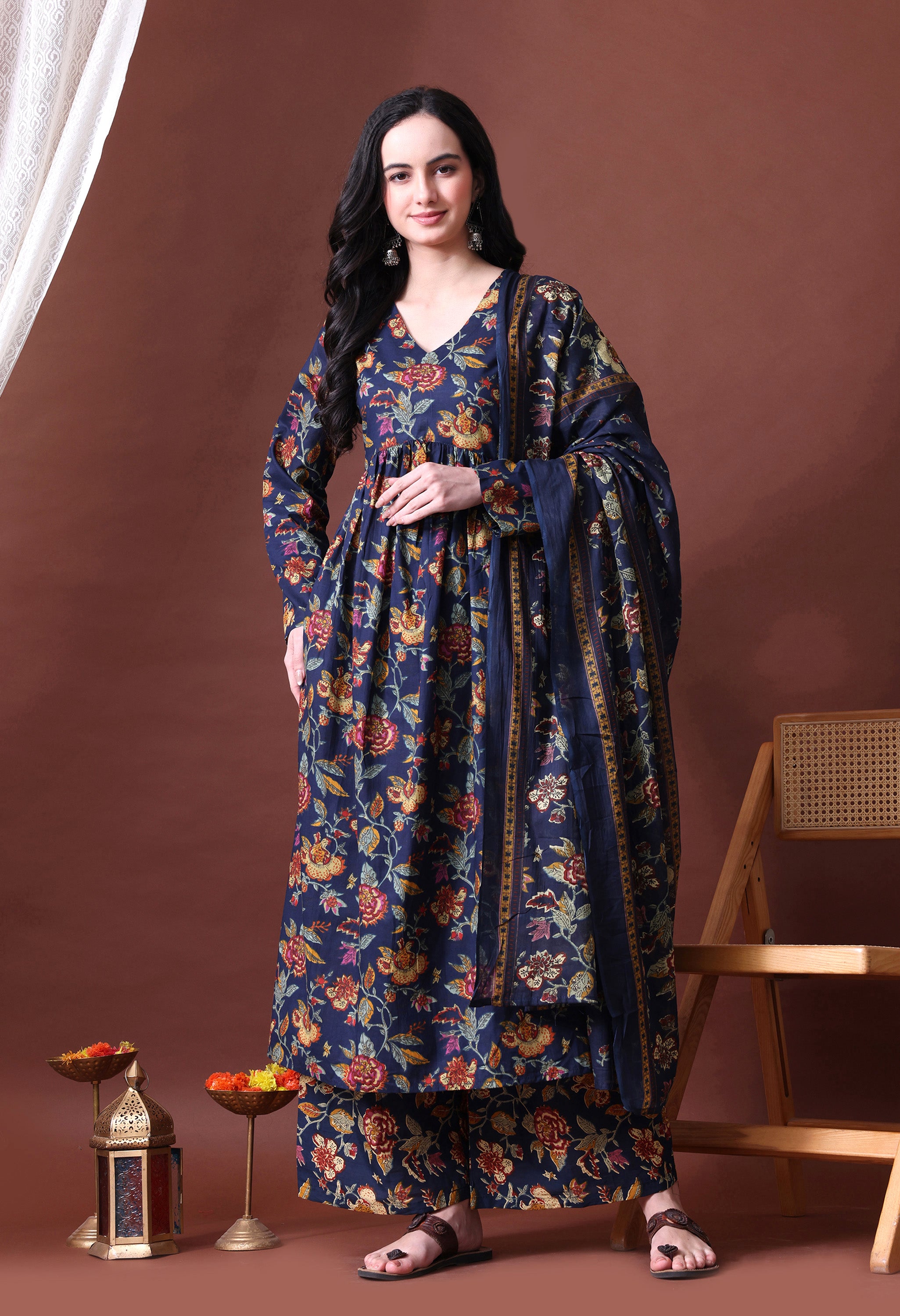 MEERA FAB Women's Cotton Blend V-Neck Anarkali Printed Kurta with Palazzo & Dupatta