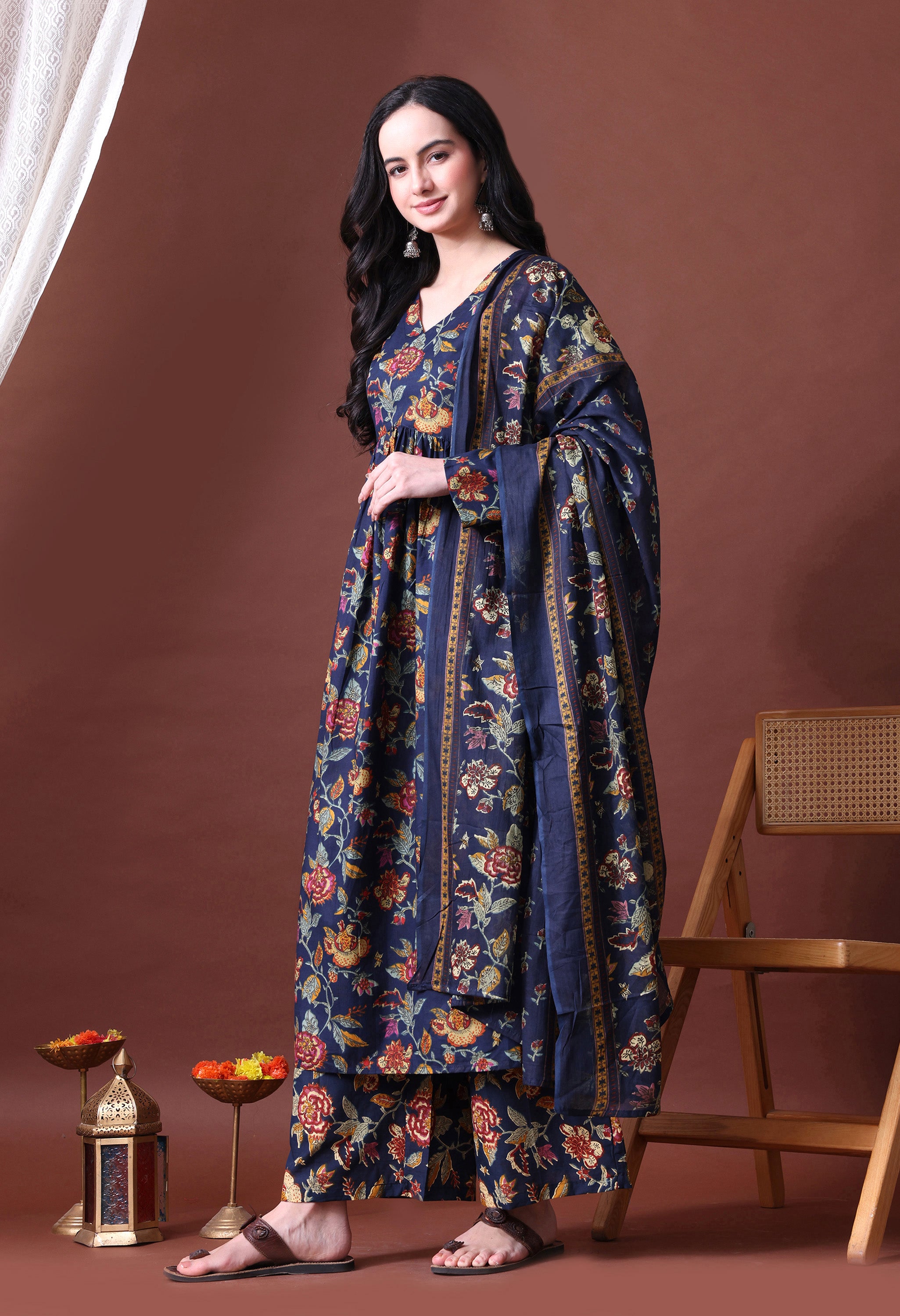 MEERA FAB Women's Cotton Blend V-Neck Anarkali Printed Kurta with Palazzo & Dupatta