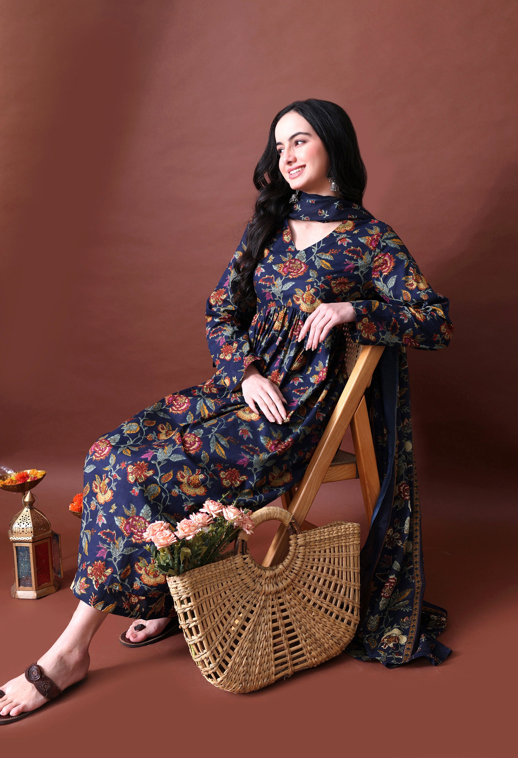 MEERA FAB Women's Cotton Blend V-Neck Anarkali Printed Kurta with Palazzo & Dupatta