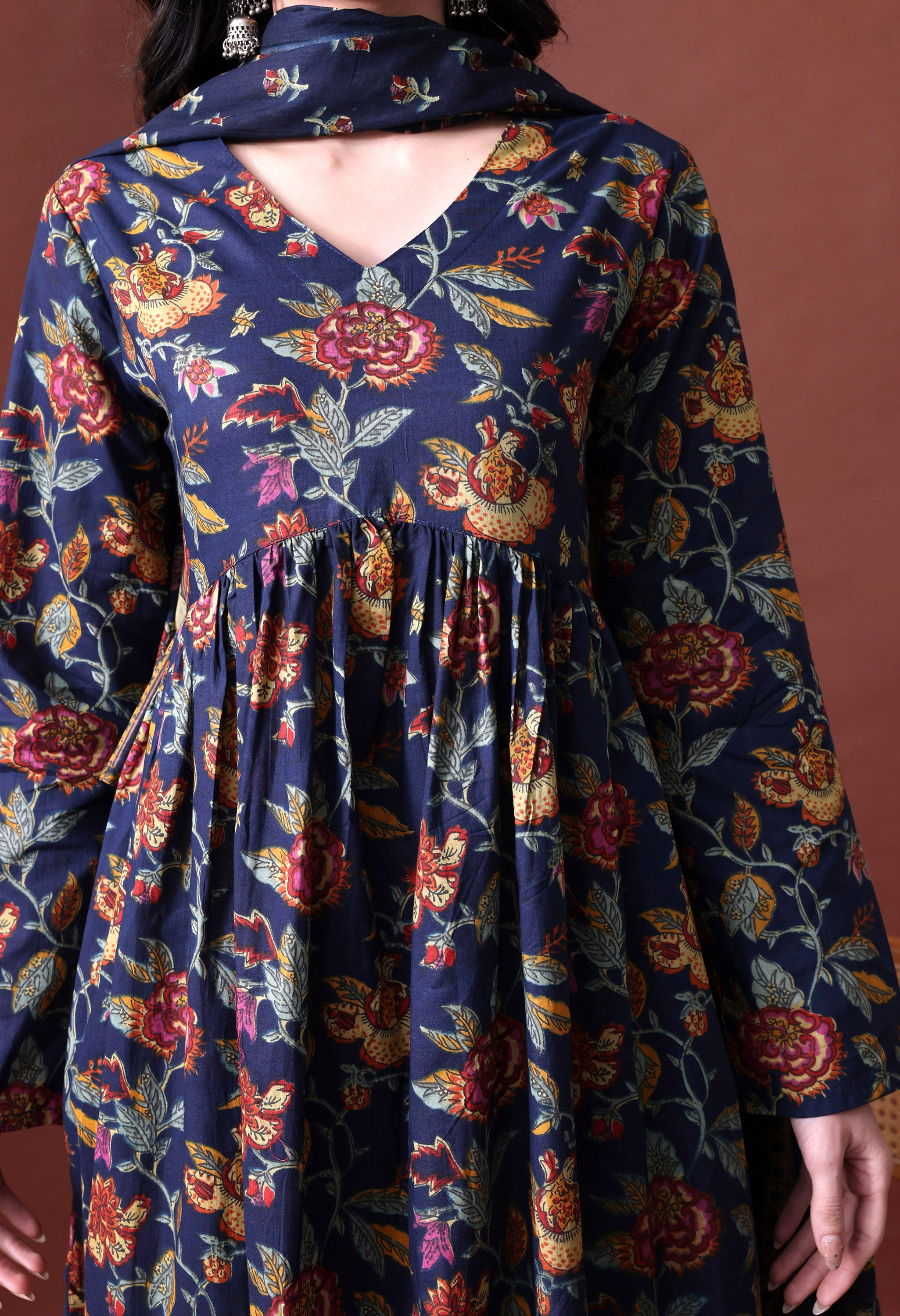 MEERA FAB Women's Cotton Blend V-Neck Anarkali Printed Kurta with Palazzo & Dupatta