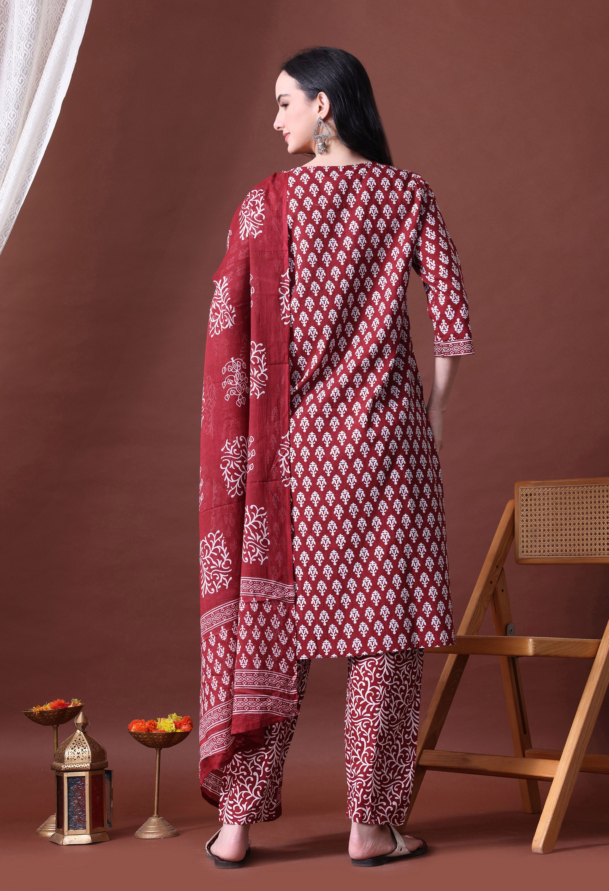 MEERA FAB Women's Cotton Printed Straight Kurta with Palazzo & Dupatta Set