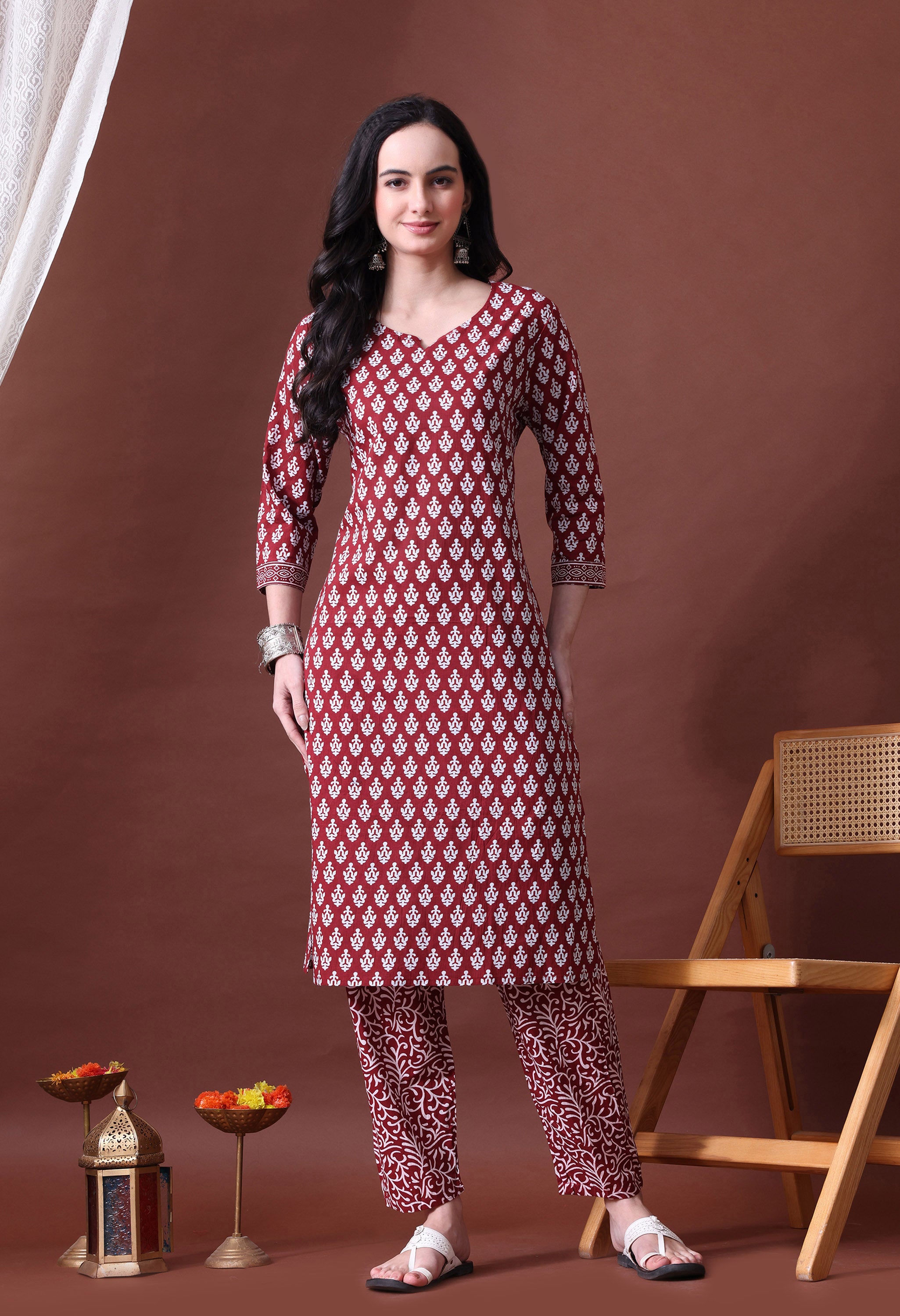 MEERA FAB Women's Cotton Printed Straight Kurta with Palazzo & Dupatta Set