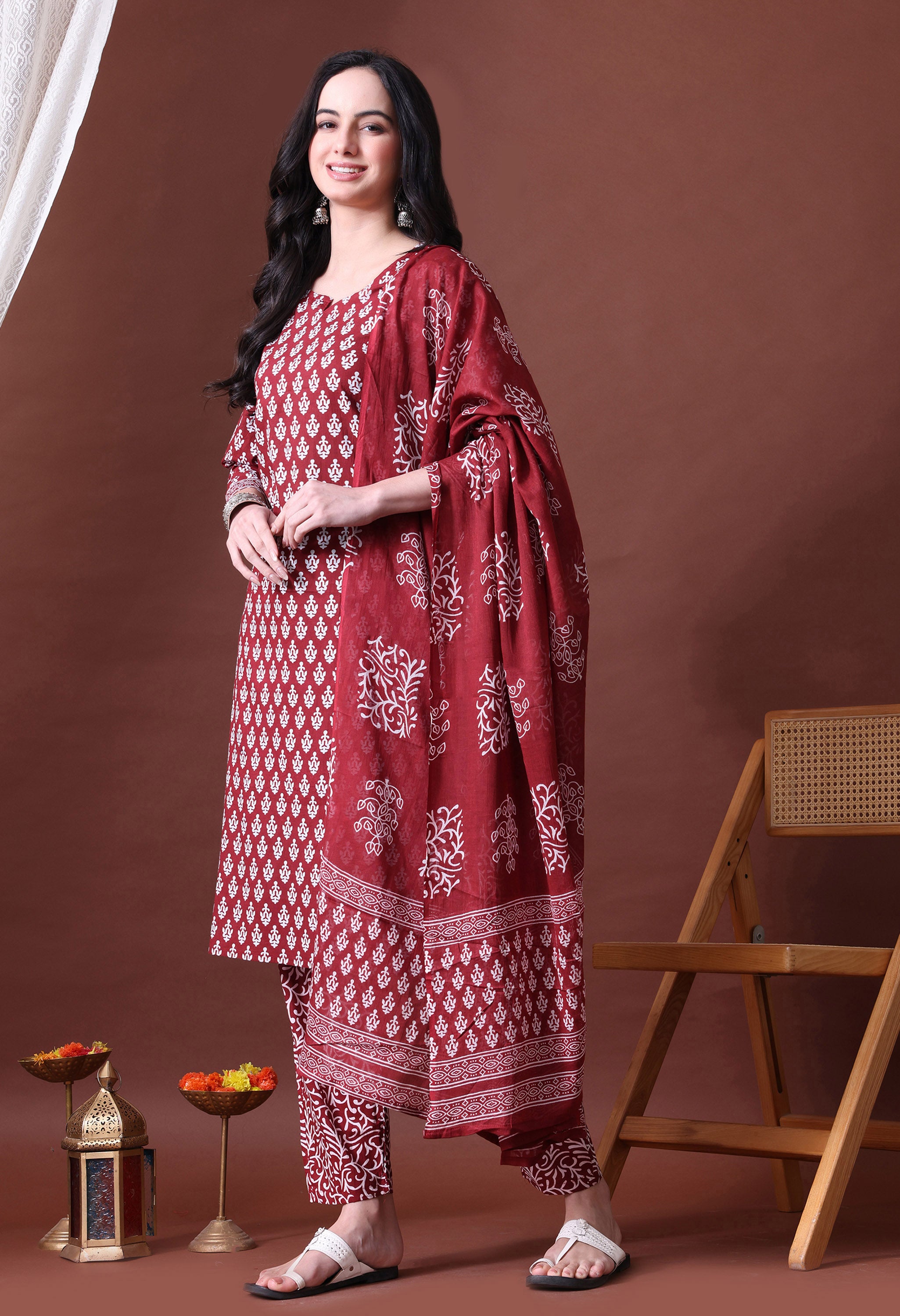 MEERA FAB Women's Cotton Printed Straight Kurta with Palazzo & Dupatta Set