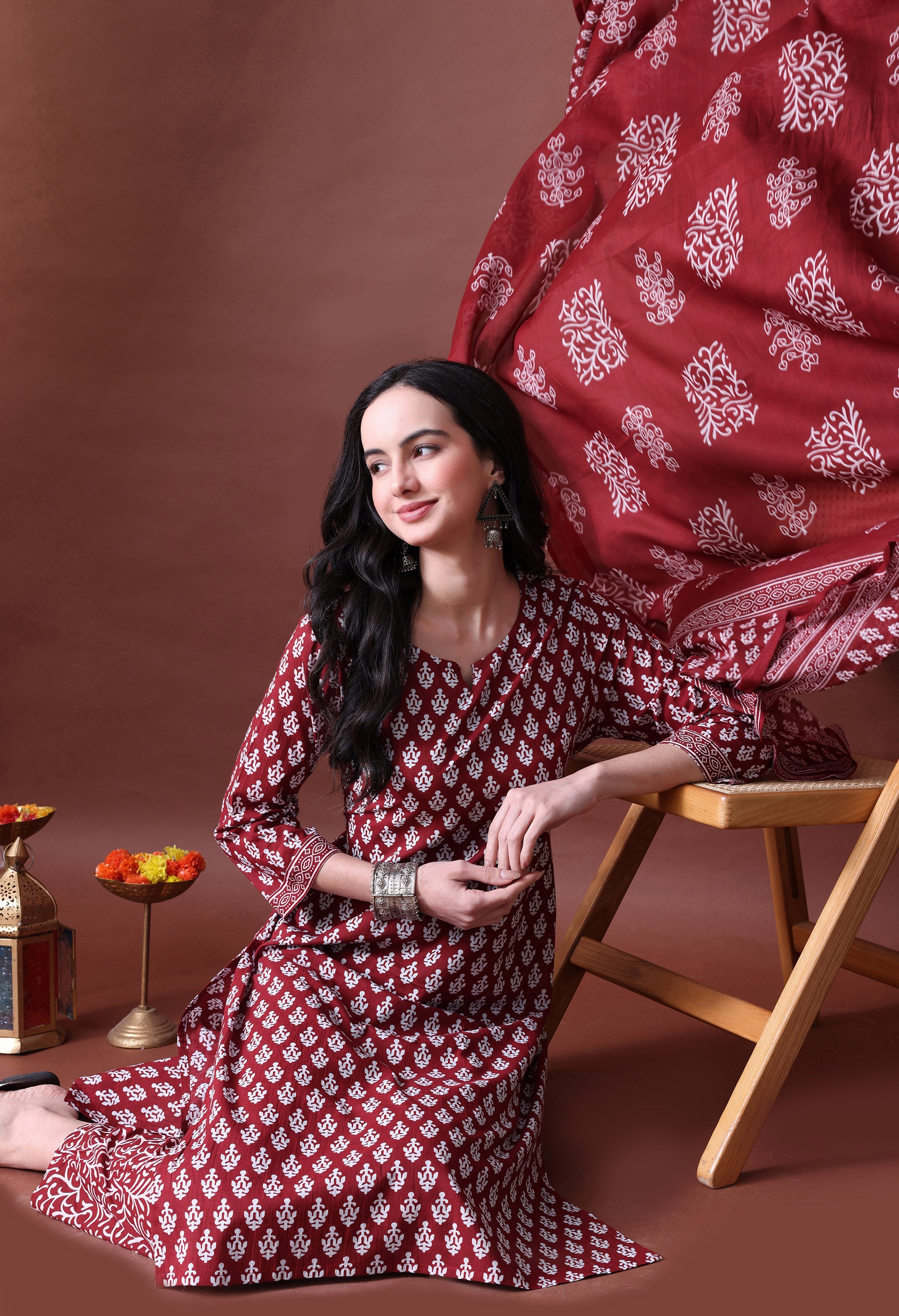 MEERA FAB Women's Cotton Printed Straight Kurta with Palazzo & Dupatta Set