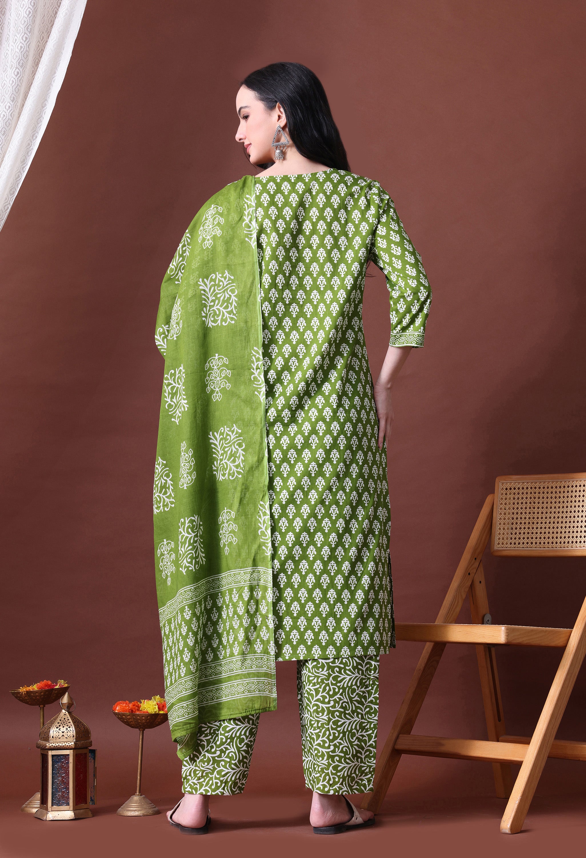 MEERA FAB Women's Cotton Printed Straight Kurta with Palazzo & Dupatta Set