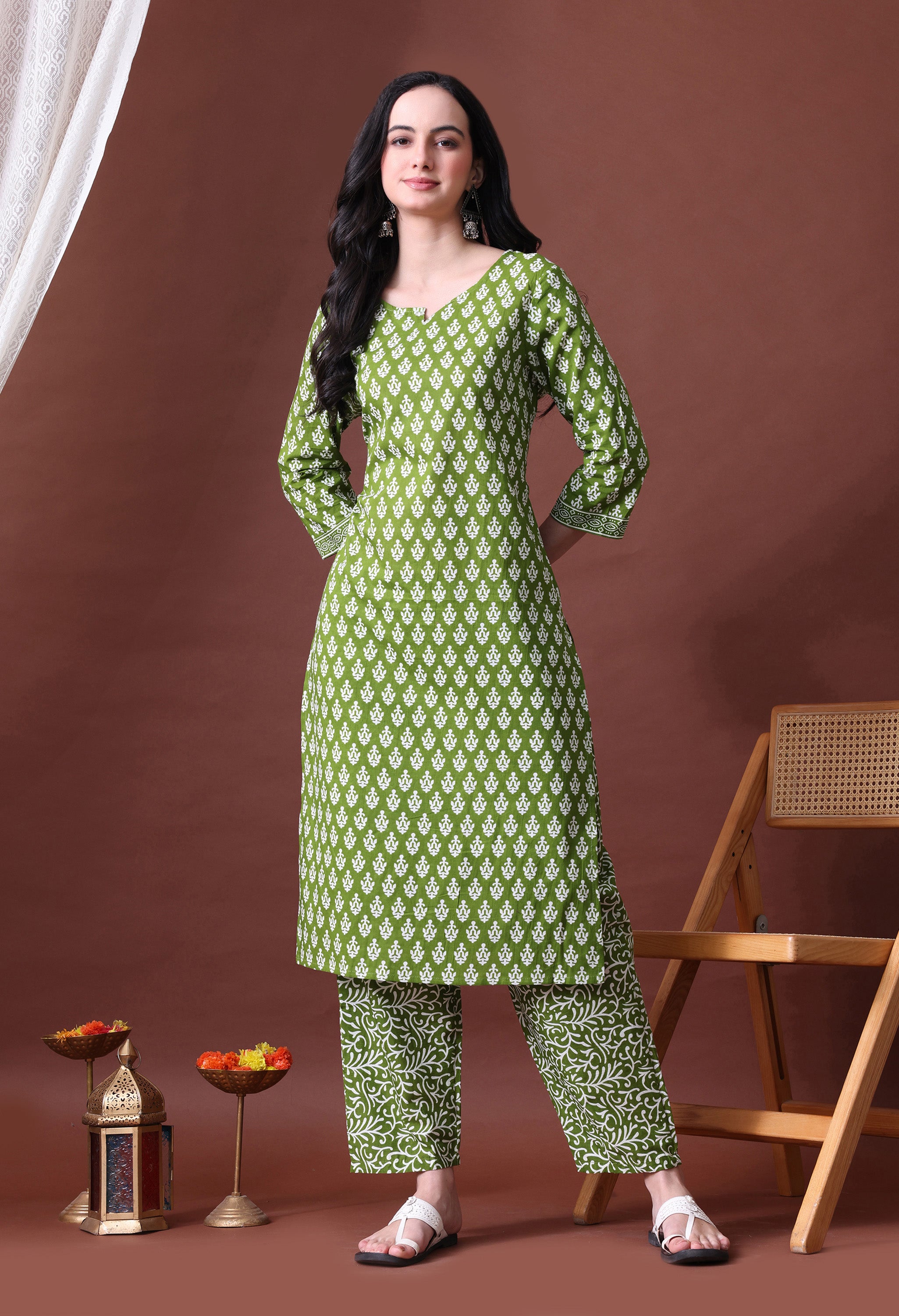 MEERA FAB Women's Cotton Printed Straight Kurta with Palazzo & Dupatta Set