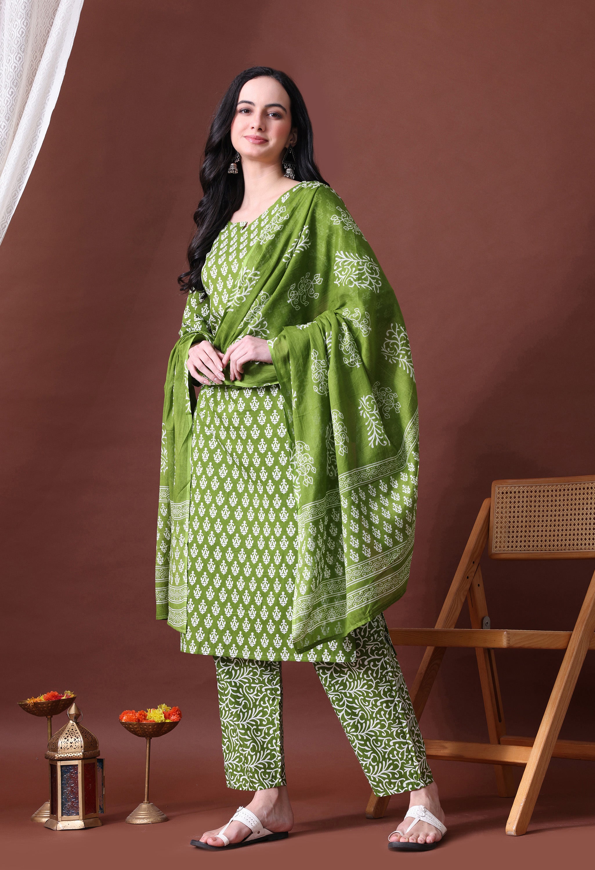 MEERA FAB Women's Cotton Printed Straight Kurta with Palazzo & Dupatta Set