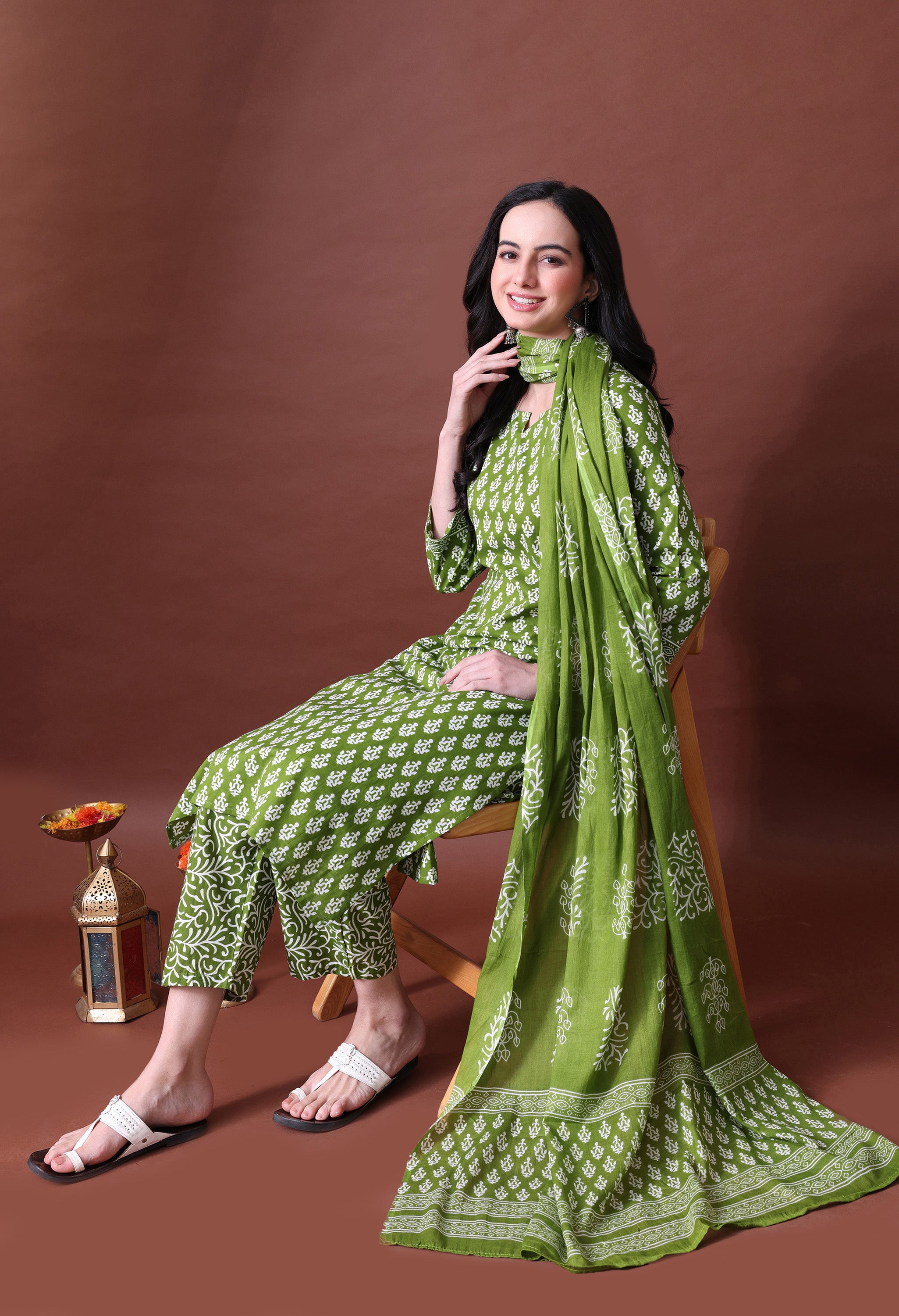MEERA FAB Women's Cotton Printed Straight Kurta with Palazzo & Dupatta Set