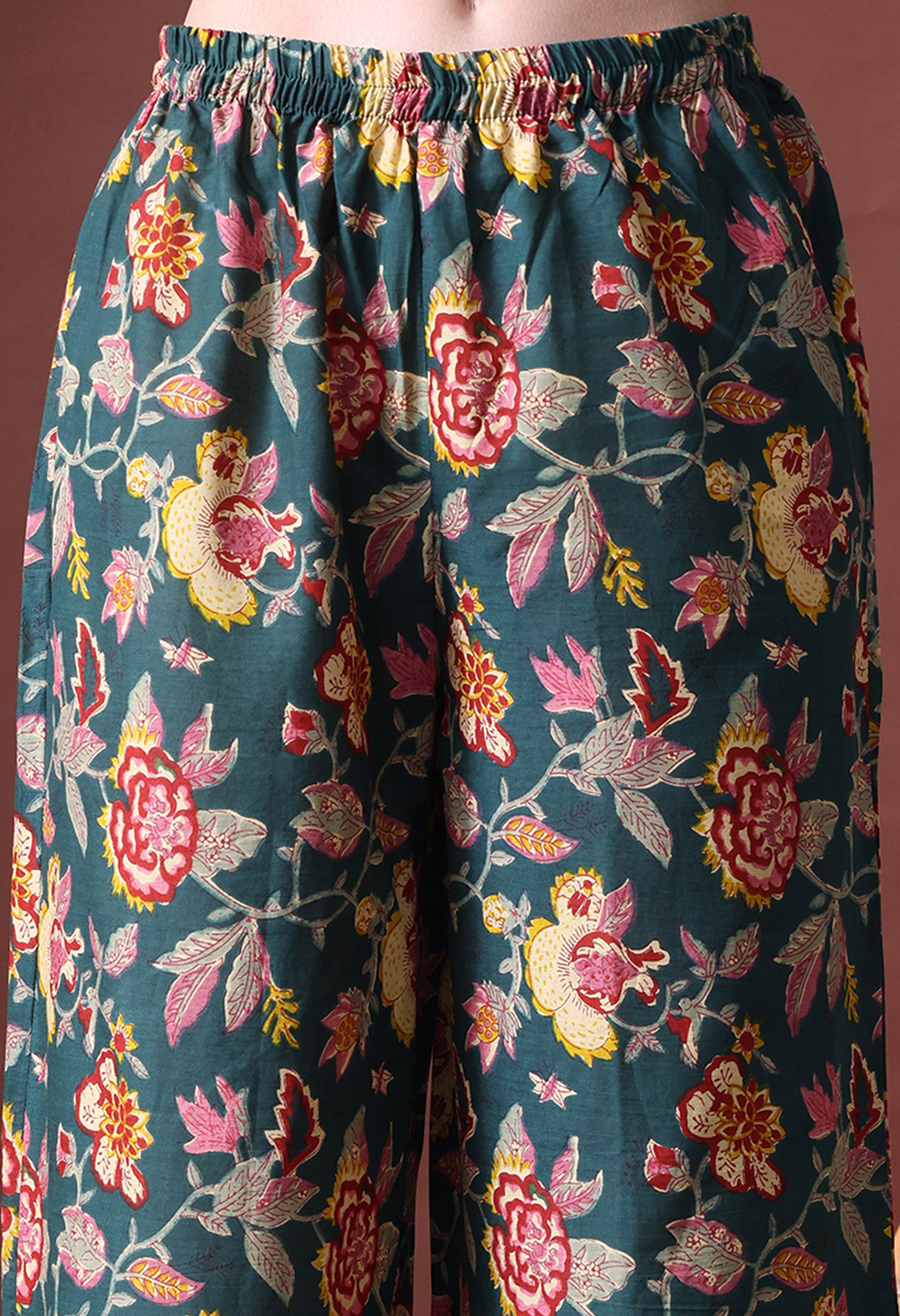 MEERA FAB Women's Cotton Blend V-Neck Anarkali Printed Kurta with Palazzo & Dupatta