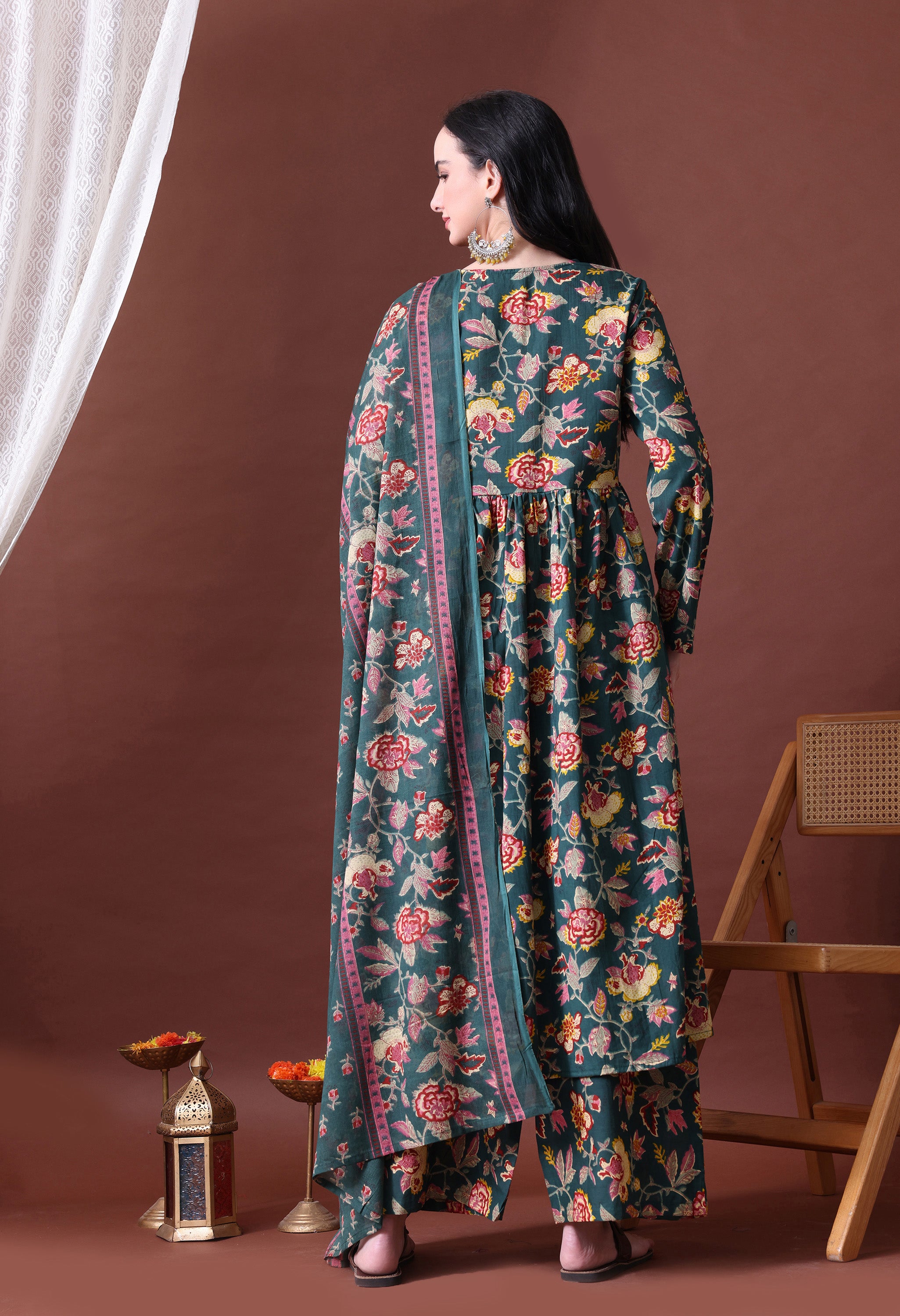 MEERA FAB Women's Cotton Blend V-Neck Anarkali Printed Kurta with Palazzo & Dupatta