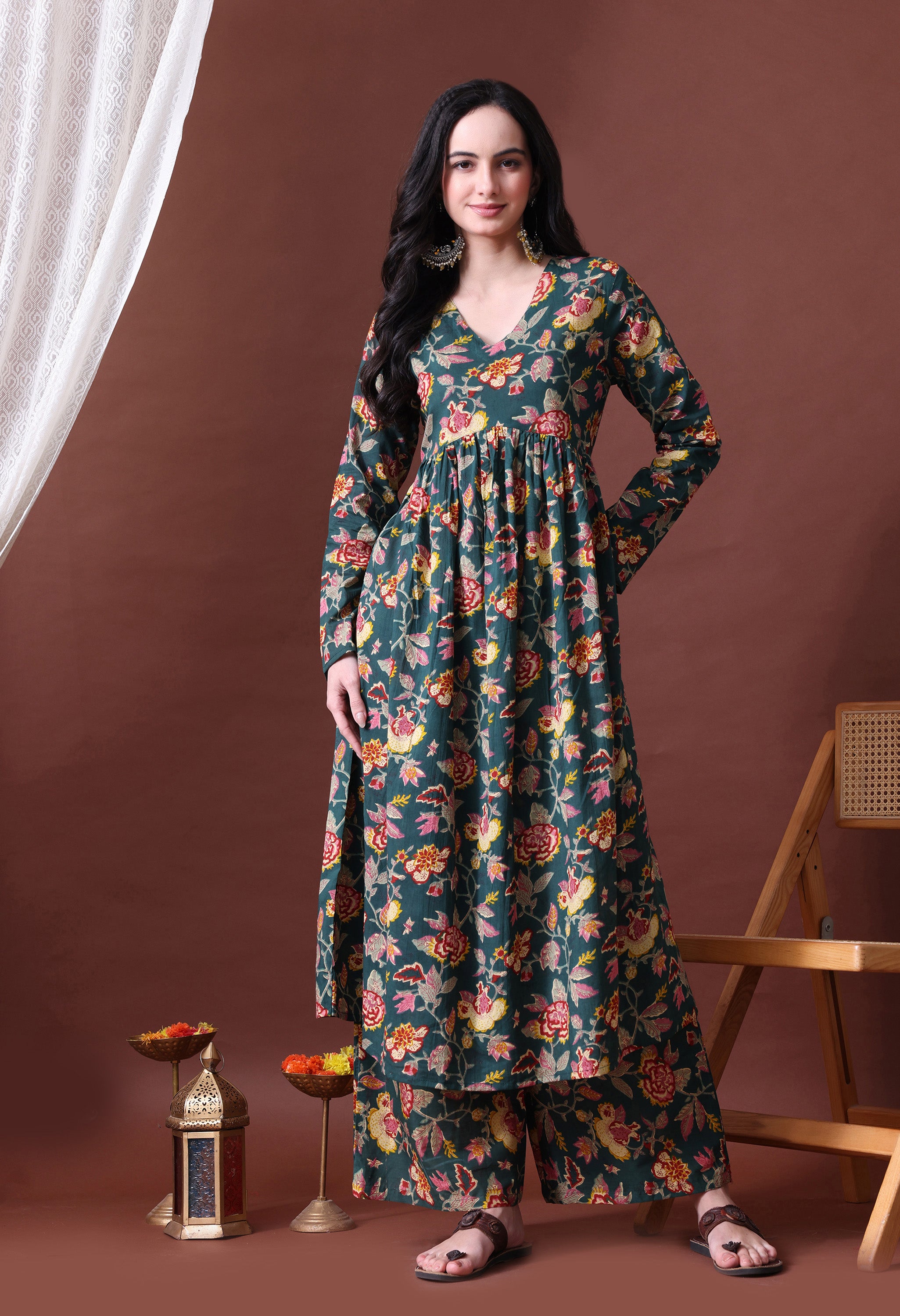 MEERA FAB Women's Cotton Blend V-Neck Anarkali Printed Kurta with Palazzo & Dupatta